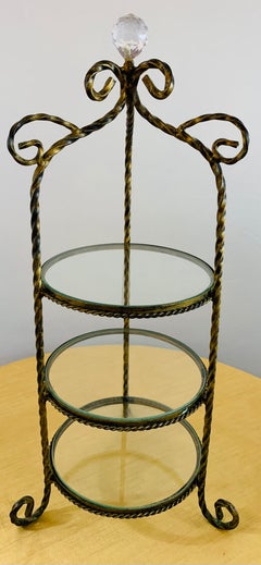 Diminutive French Wrought Iron Decorative Étagère with Round Glass Shelves