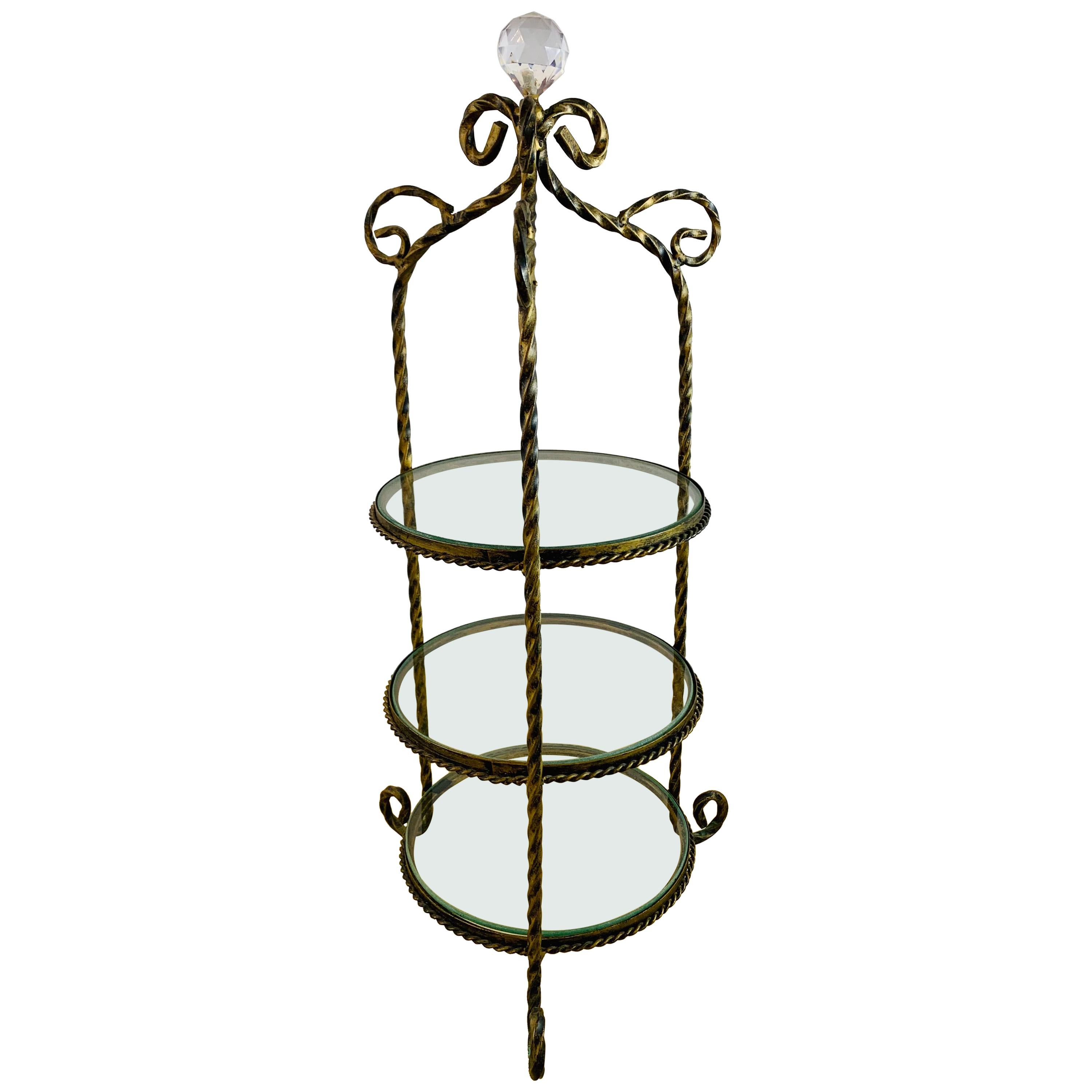 Diminutive French Wrought Iron Decorative Étagère with Round Glass Shelves