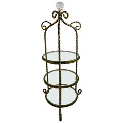 Diminutive French Wrought Iron Decorative Étagère with Round Glass Shelves