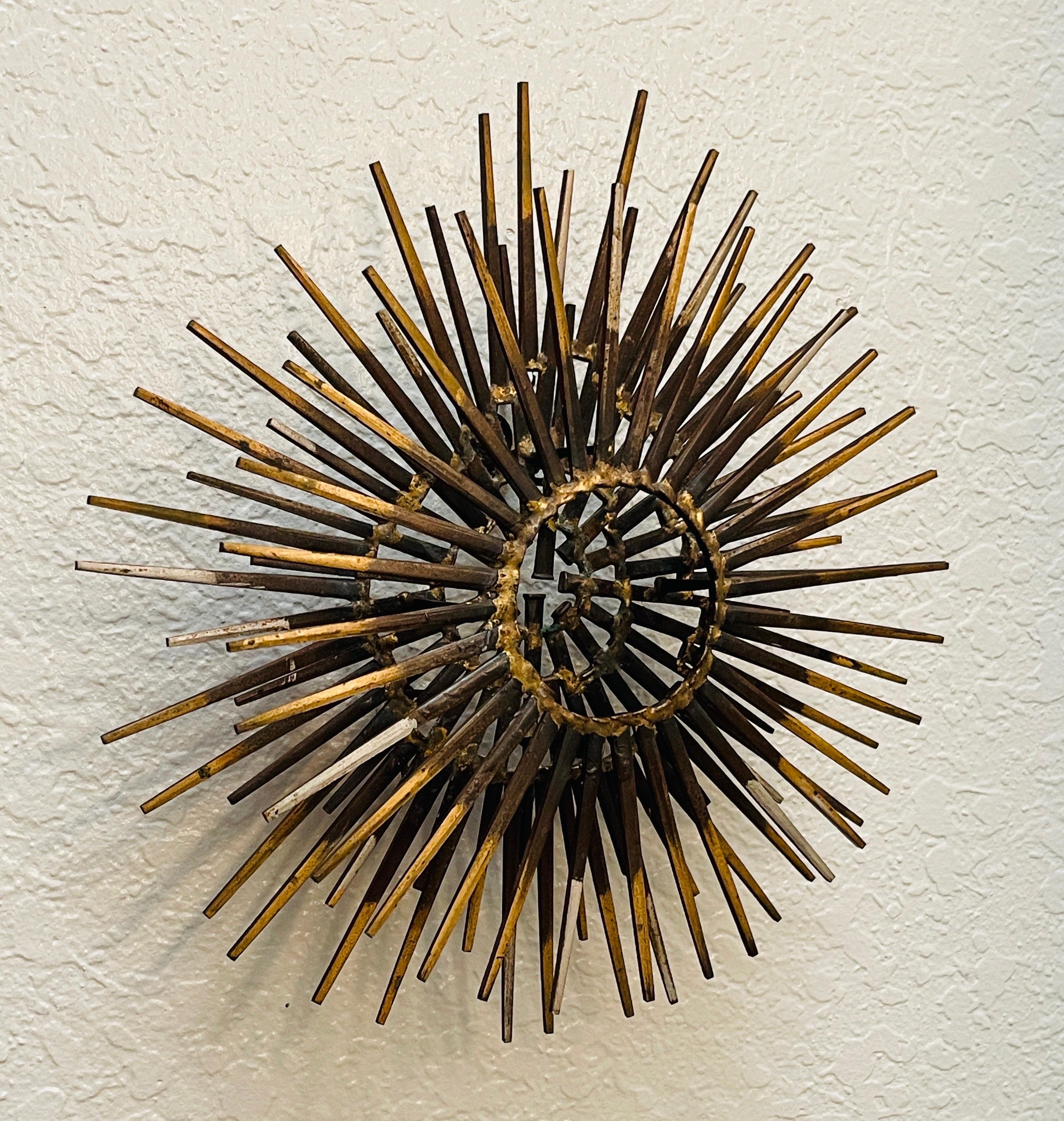 Diminutive Gilt Iron Two-Tier Sunburst Wall Sculpture by William Bowie For Sale 6