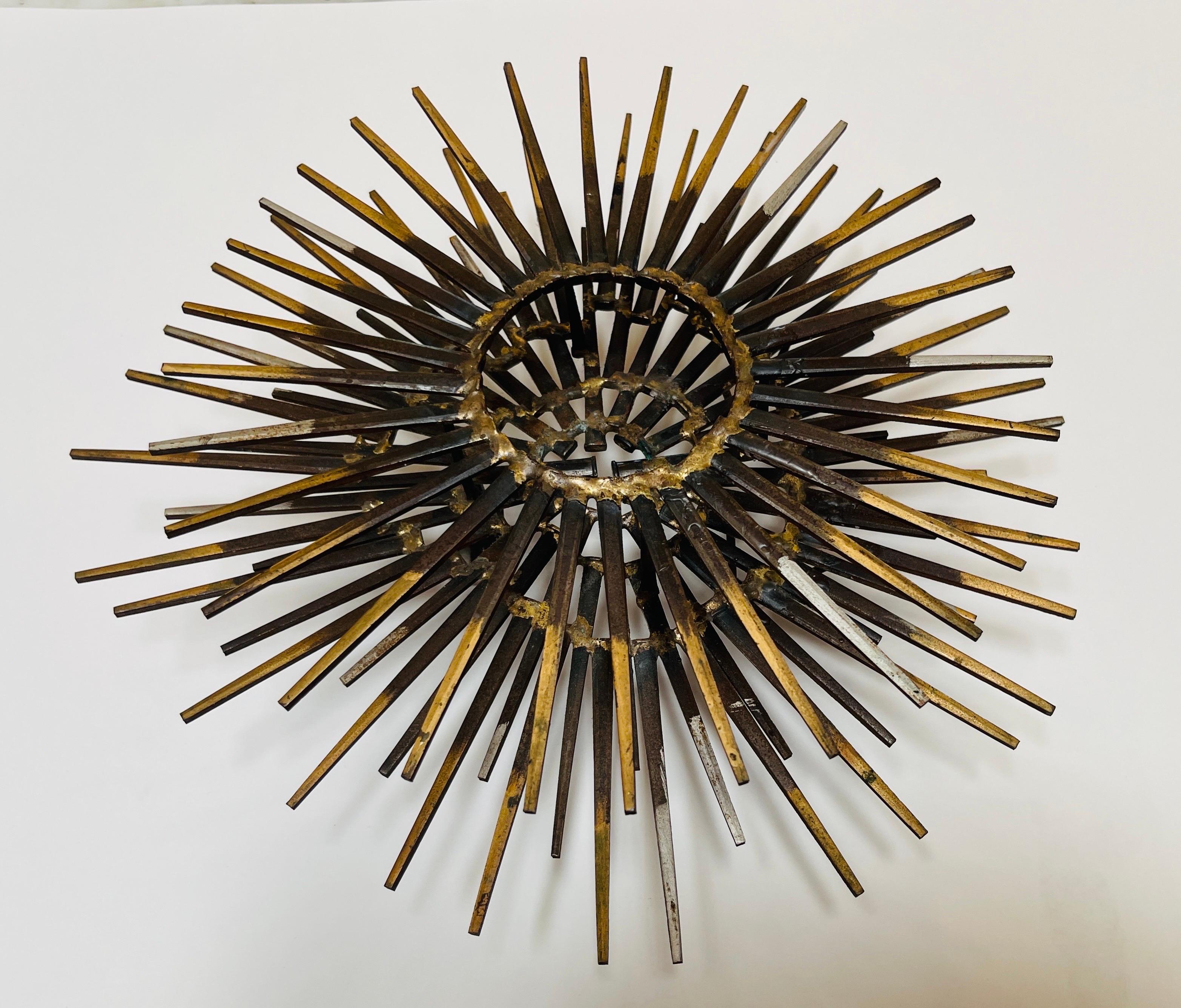 Mid-Century Modern Diminutive Gilt Iron Two-Tier Sunburst Wall Sculpture by William Bowie For Sale