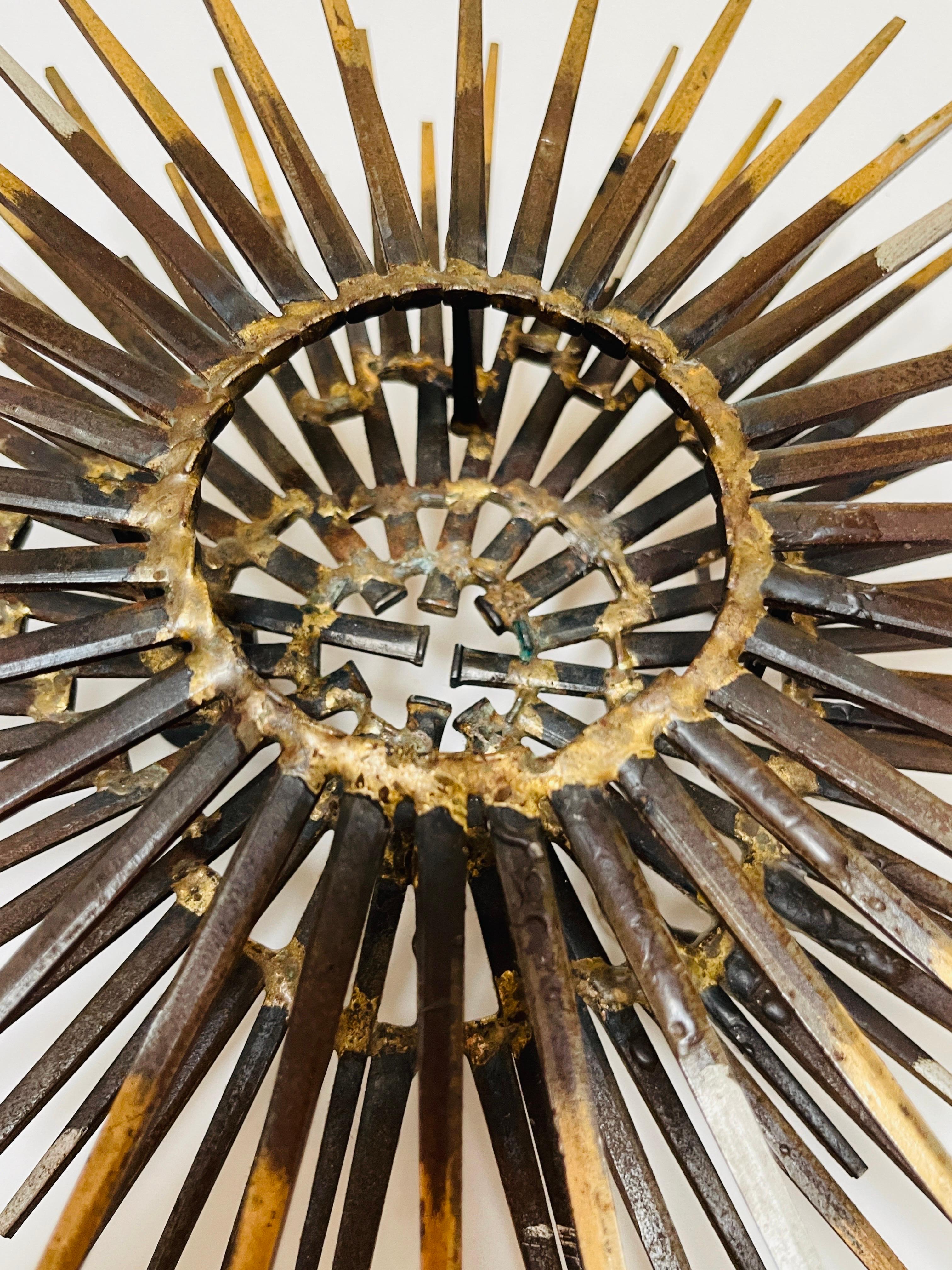 American Diminutive Gilt Iron Two-Tier Sunburst Wall Sculpture by William Bowie For Sale