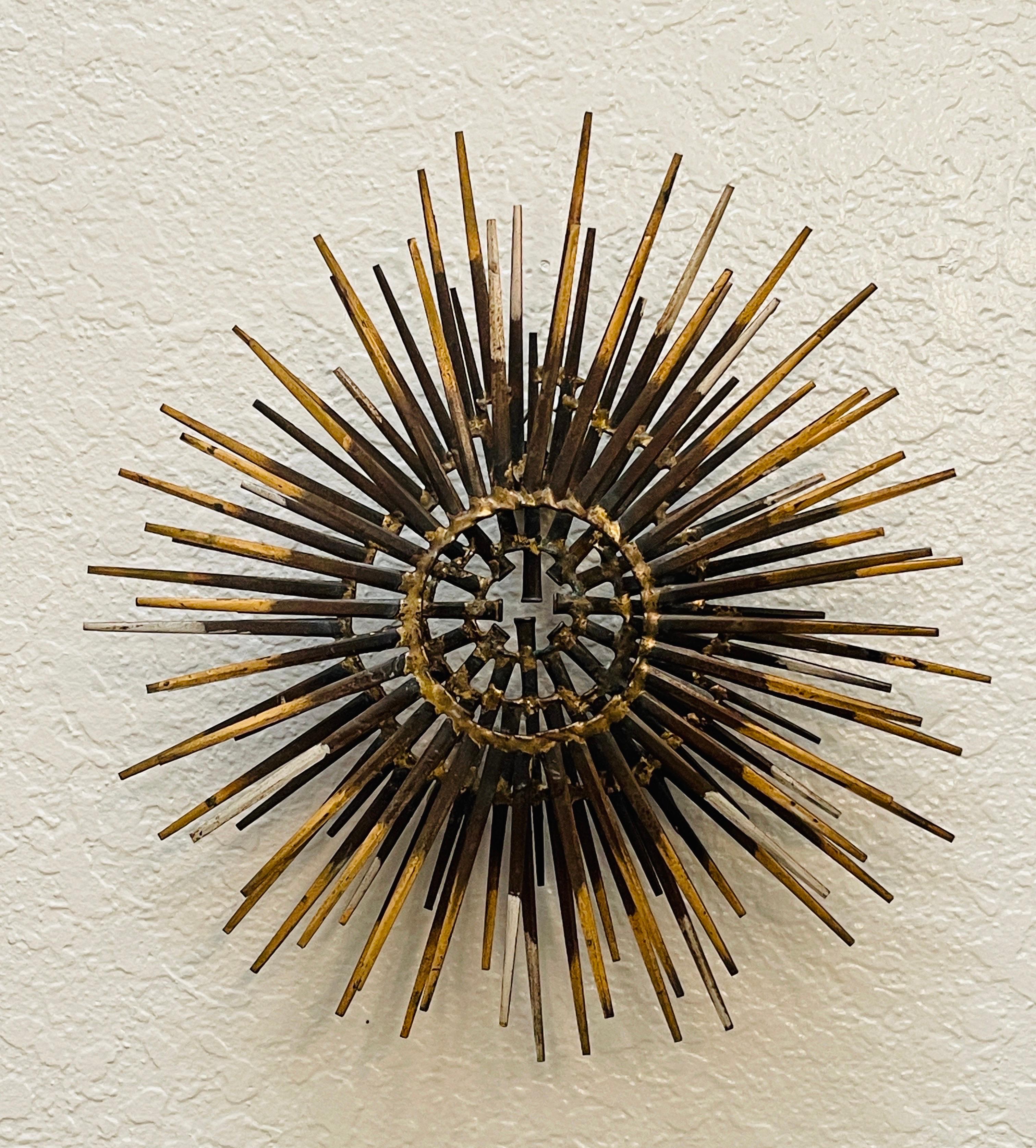 Diminutive Gilt Iron Two-Tier Sunburst Wall Sculpture by William Bowie For Sale 2