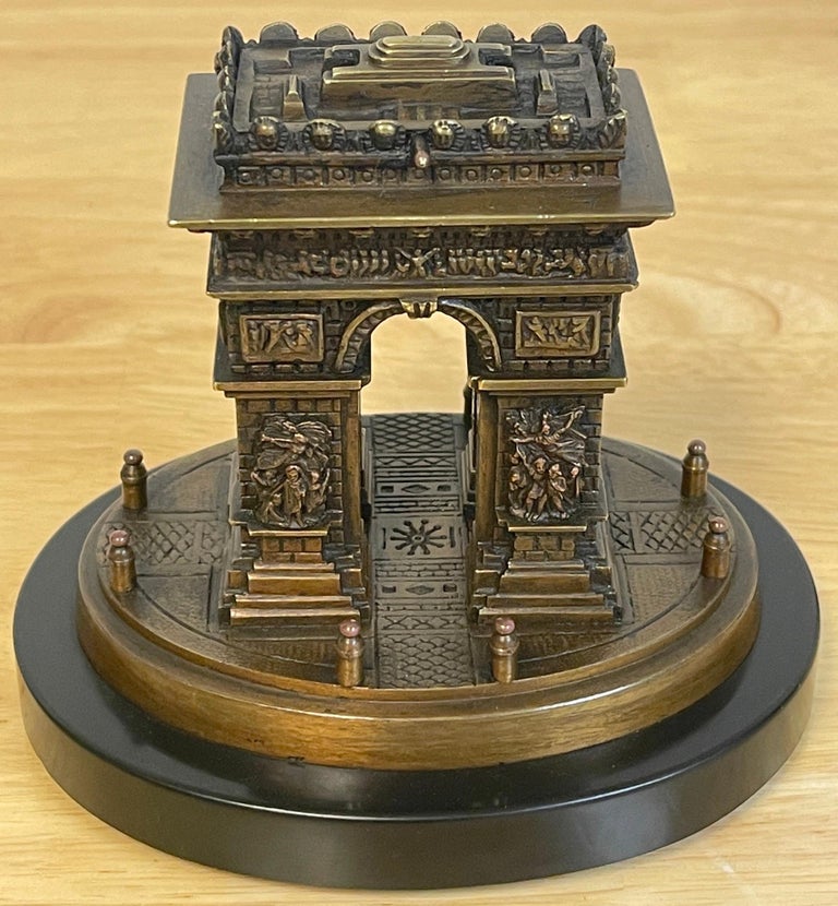 Diminutive Grand Tour Bronze Architectural Model of the Arch de Triumph 
Of small scale, intricately cast and modeled, with lift top, on a oval black marble base.