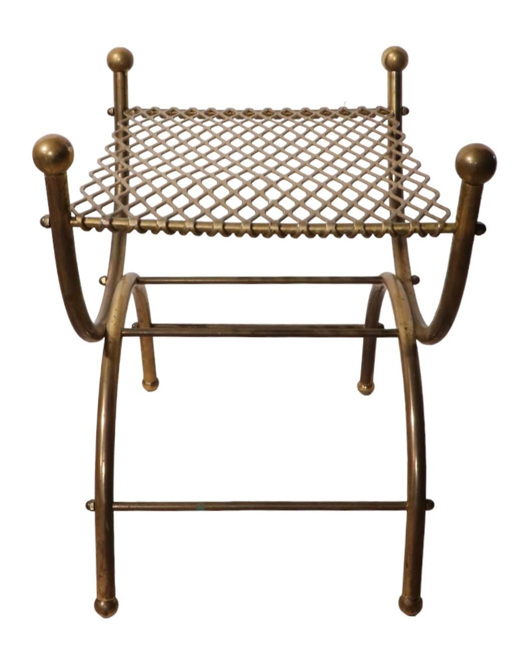 American Diminutive Hollywood Regency Stool Bench of Brass and Steel For Sale