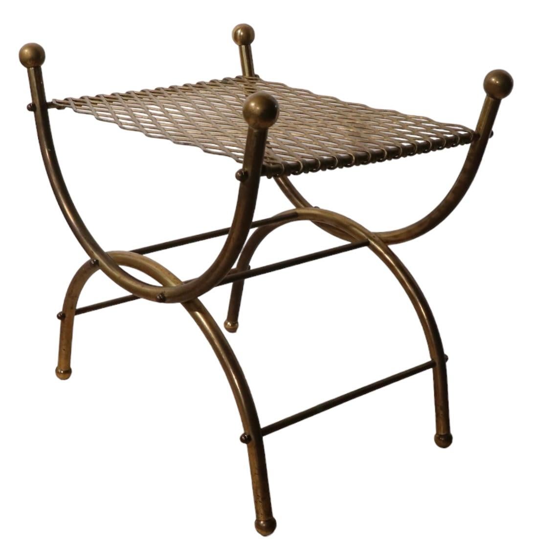 Diminutive Hollywood Regency Stool Bench of Brass and Steel In Good Condition For Sale In New York, NY