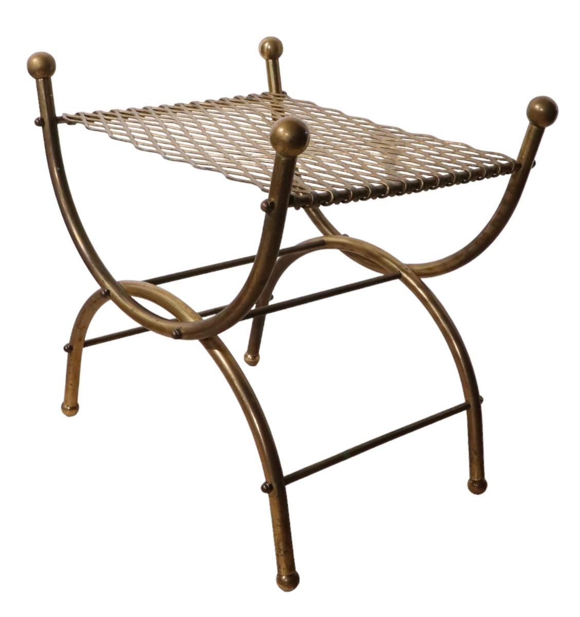 20th Century Diminutive Hollywood Regency Stool Bench of Brass and Steel For Sale