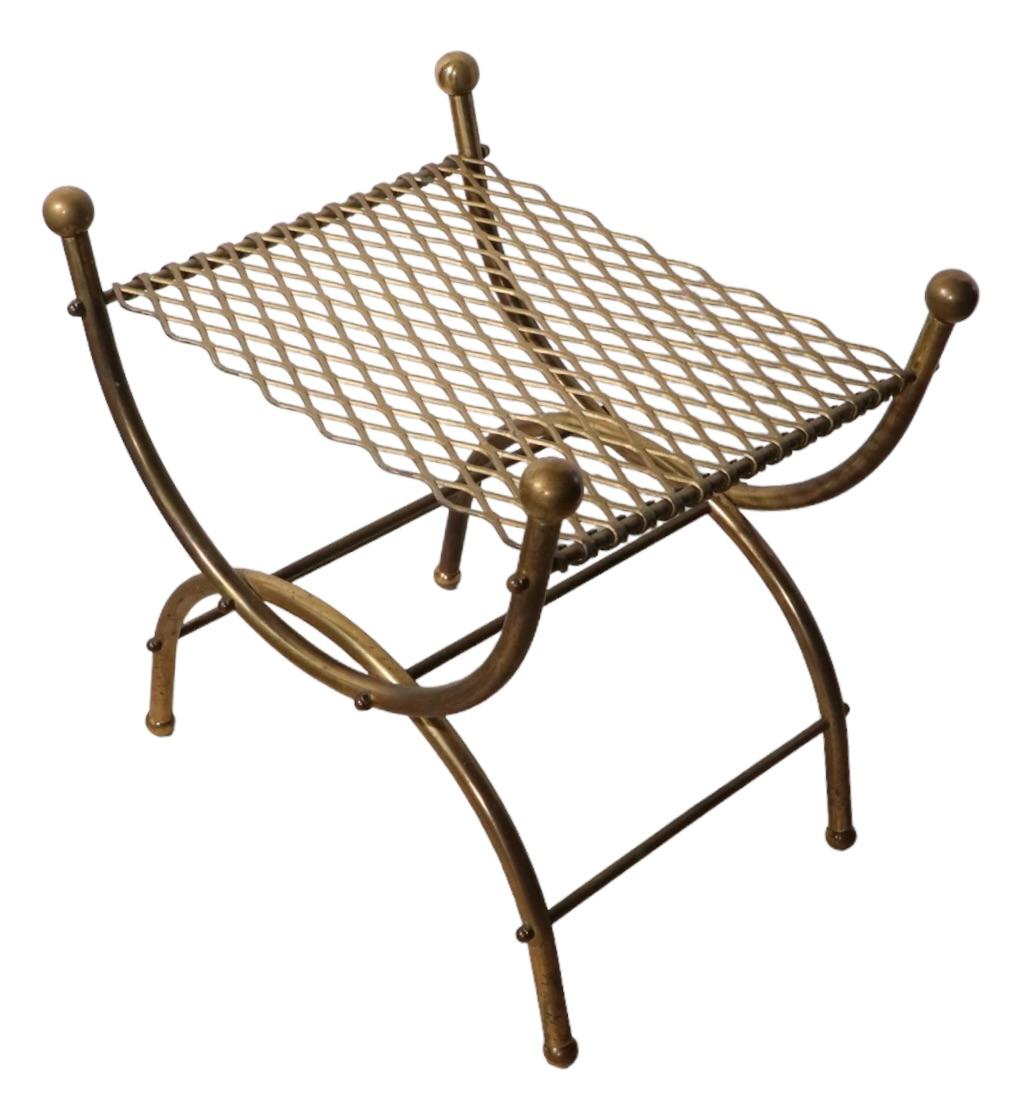 Metal Diminutive Hollywood Regency Stool Bench of Brass and Steel For Sale