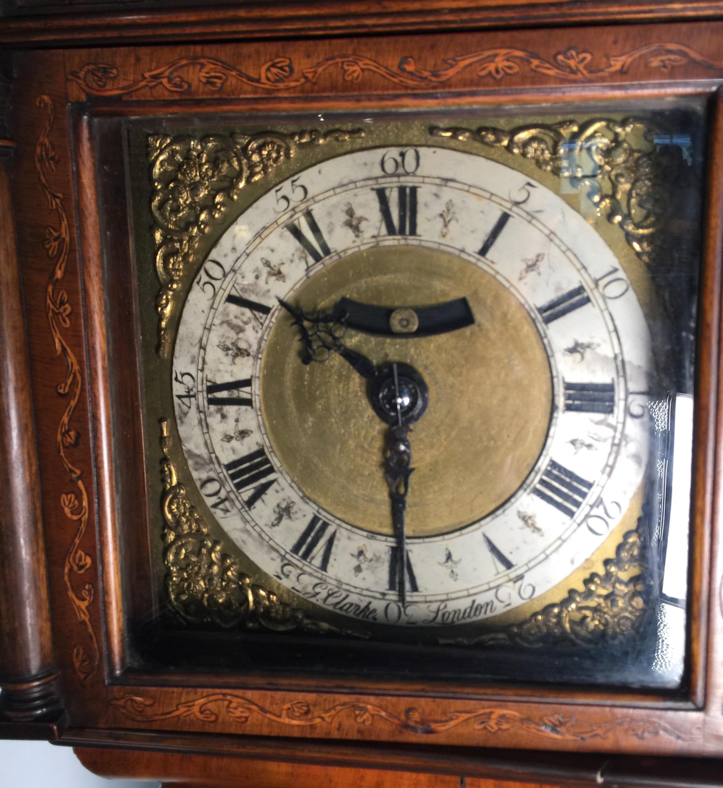 English Diminutive Inlaid Burl Walnut Musical Chime Grandmother Clock