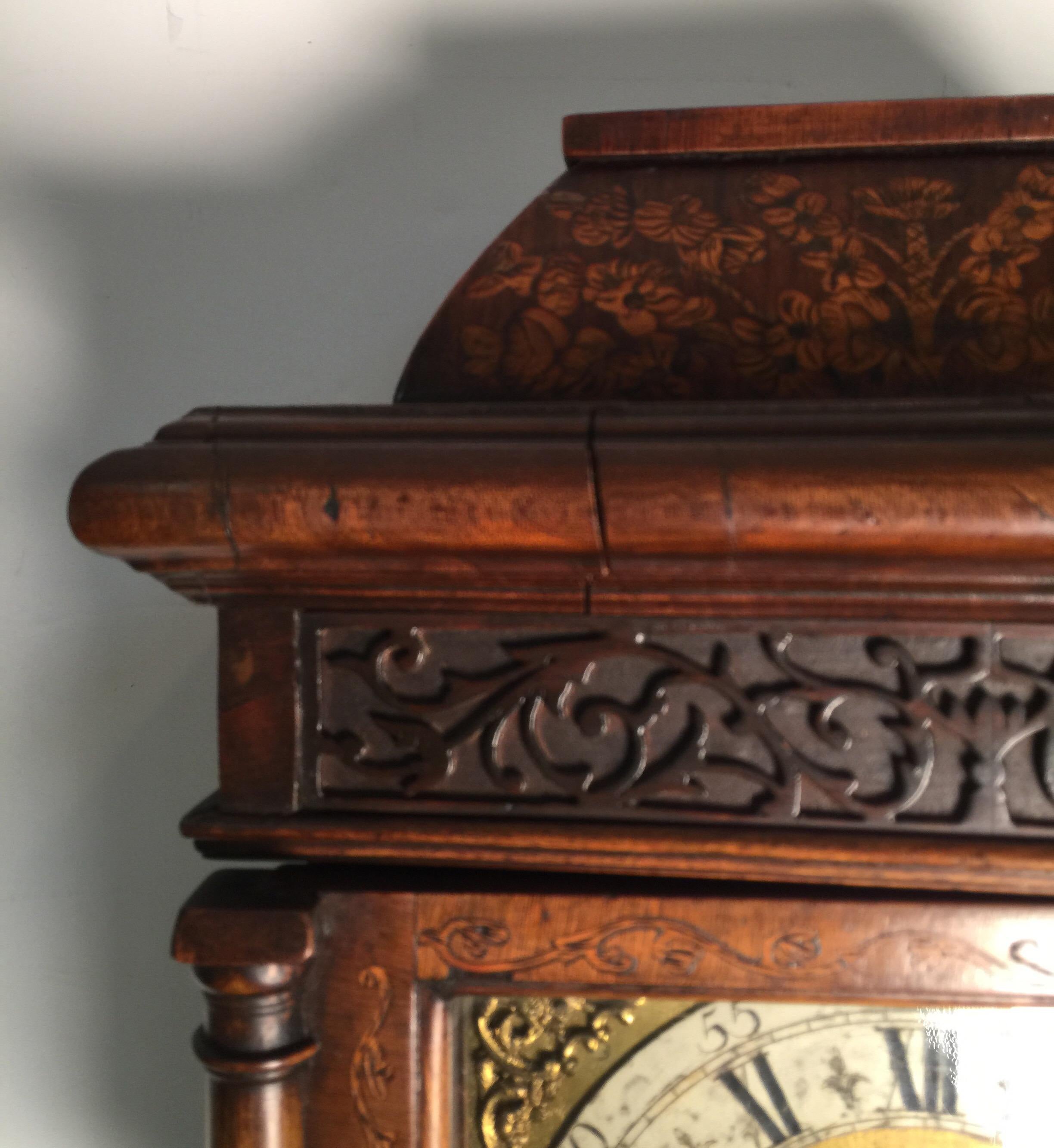 Diminutive Inlaid Burl Walnut Musical Chime Grandmother Clock In Good Condition In Lambertville, NJ