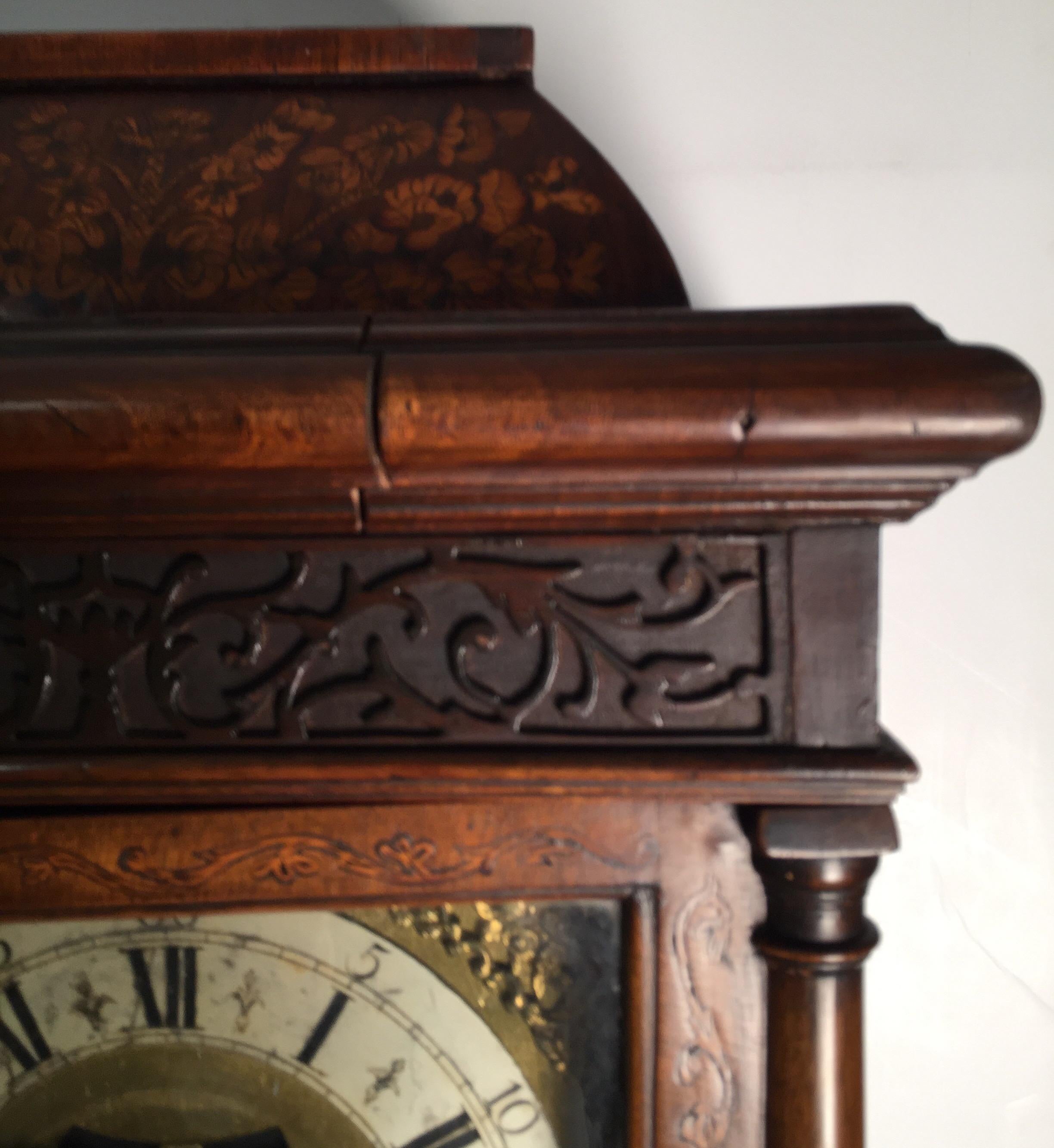 19th Century Diminutive Inlaid Burl Walnut Musical Chime Grandmother Clock