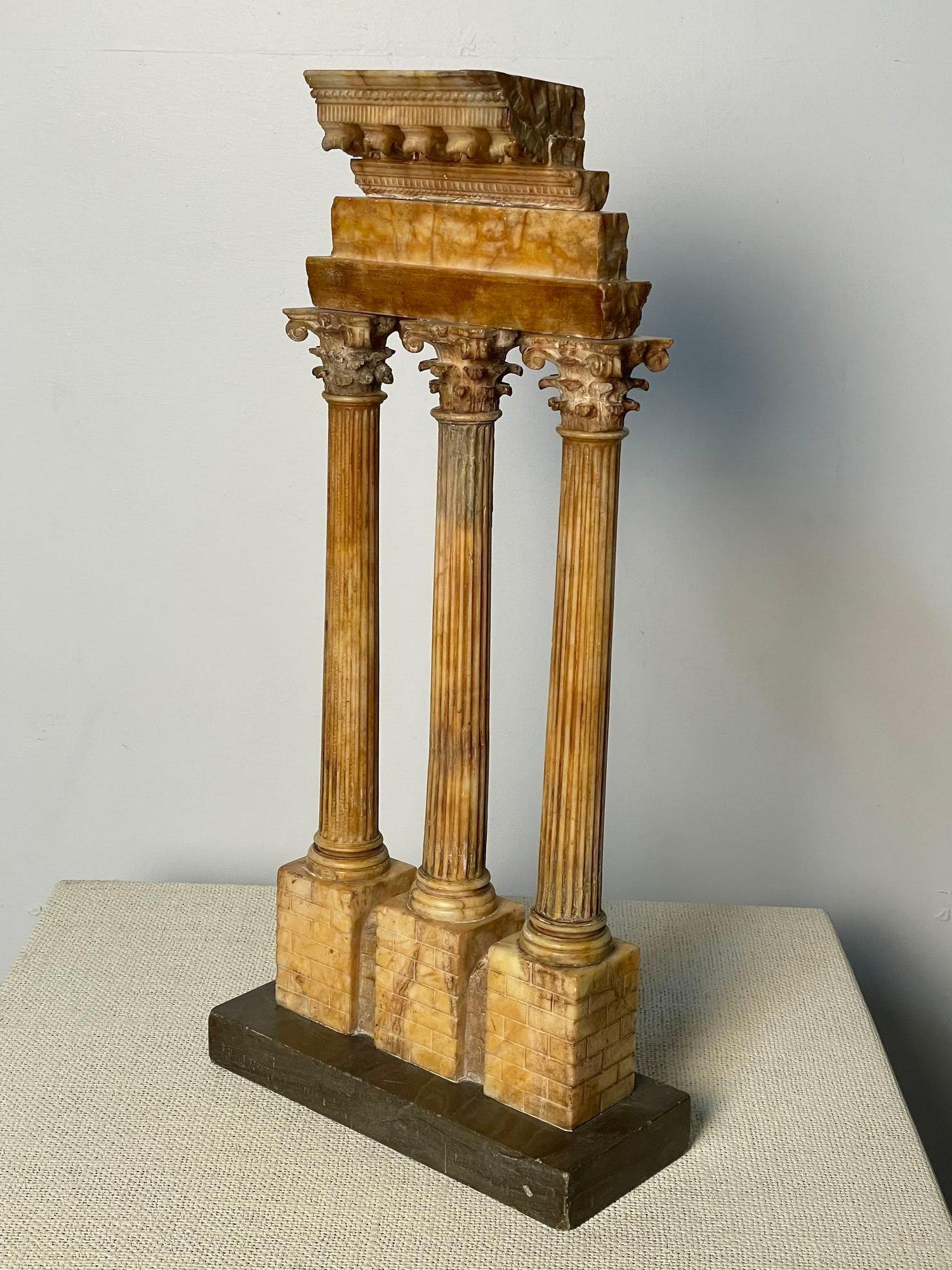 Italian Grand Tour Corinthian Style Stone / Marble Model of Ruins, Sienna Marble, Statue / Sculpture. Grand Tour Giallo Antico Marble Model of the Temple of Castor & Pollux. 
A very fine and early Roman neoclassical period grand tour Sienna marble