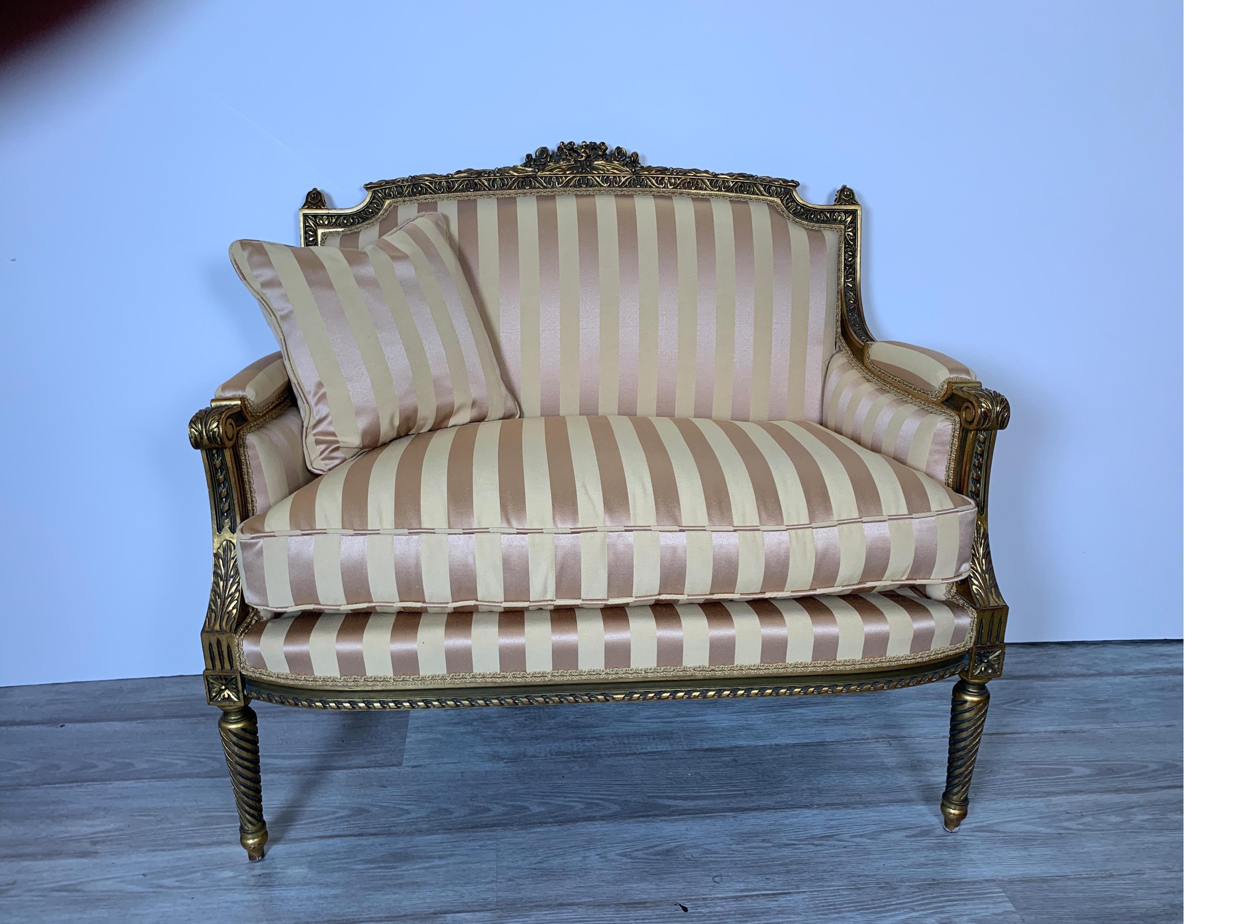 Damask Diminutive Louis XVI Style Giltwood Settee