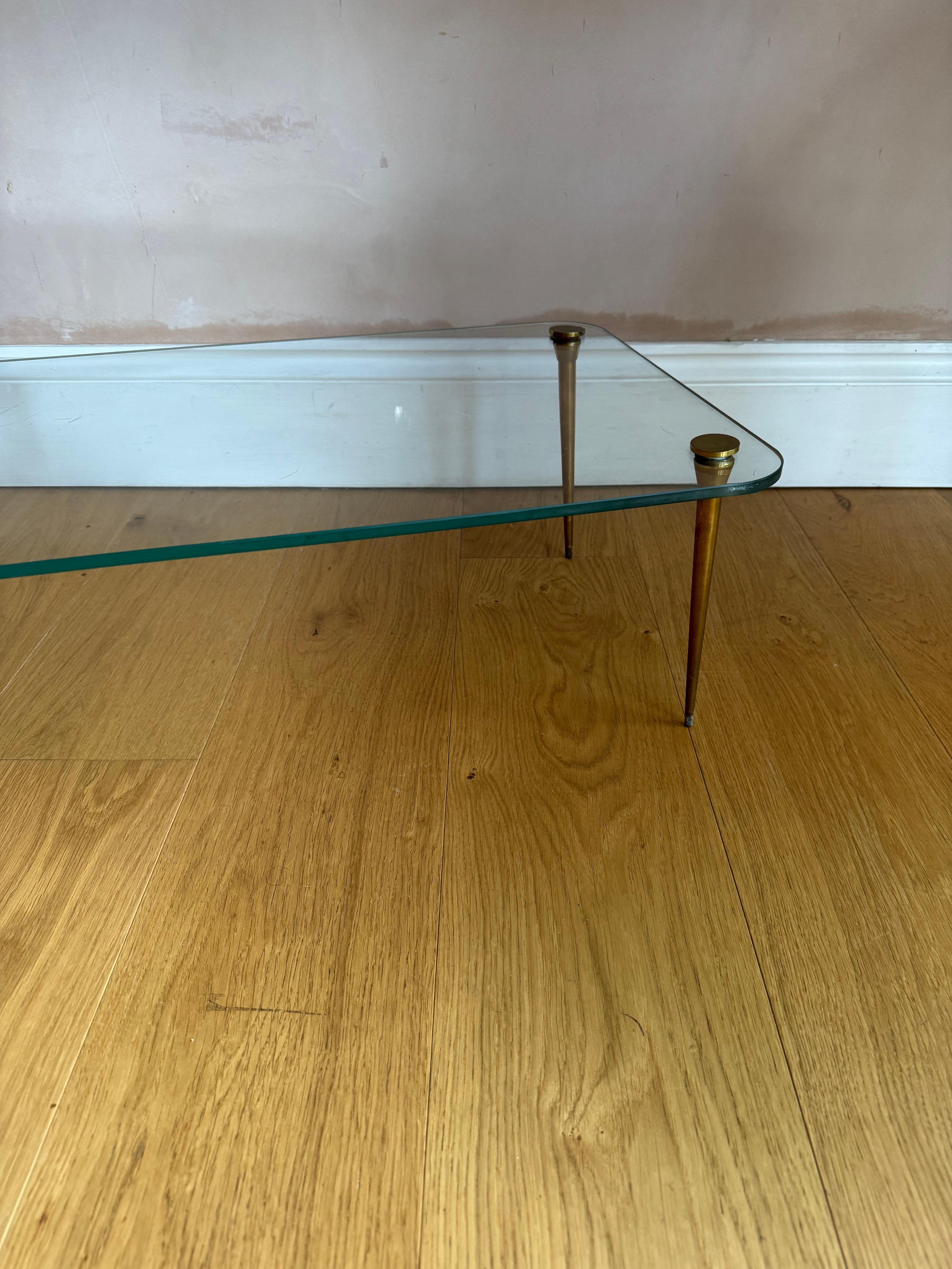 Patinated Elegant and Diminutive Low Saint Gobain glass and gilt metal table c.1950's For Sale