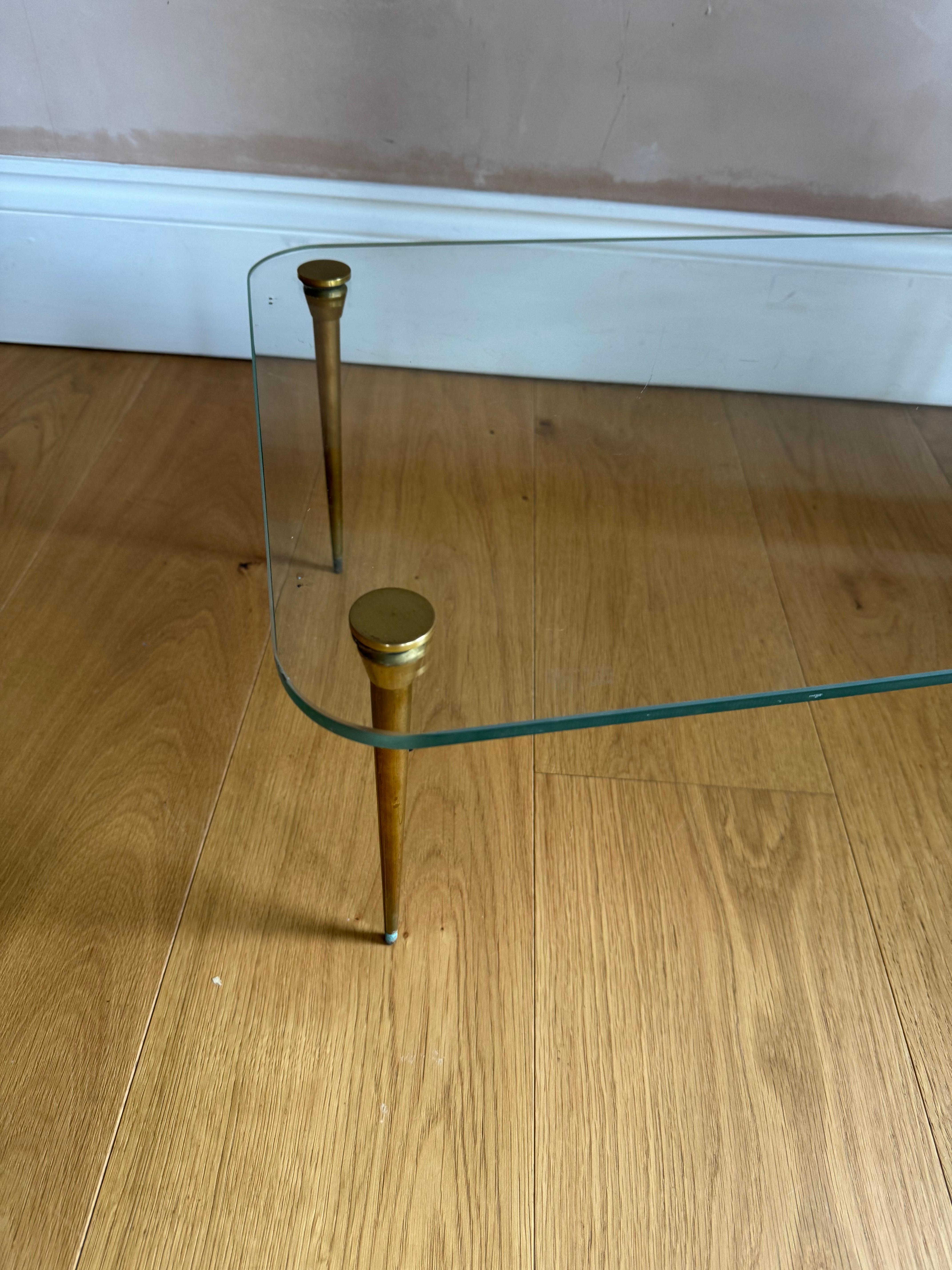20th Century Elegant and Diminutive Low Saint Gobain glass and gilt metal table c.1950's For Sale