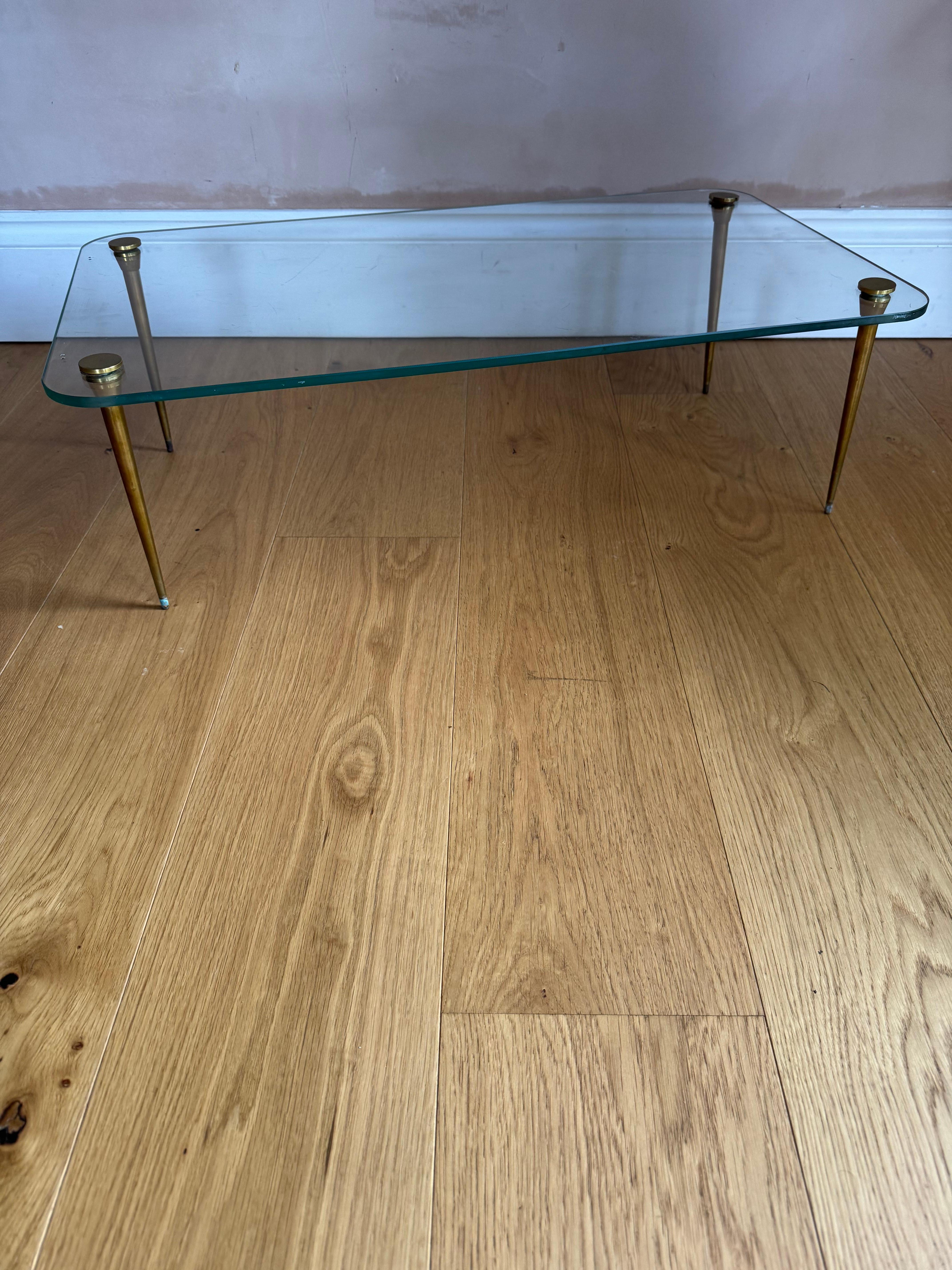 Elegant and Diminutive Low Saint Gobain glass and gilt metal table c.1950's For Sale 1