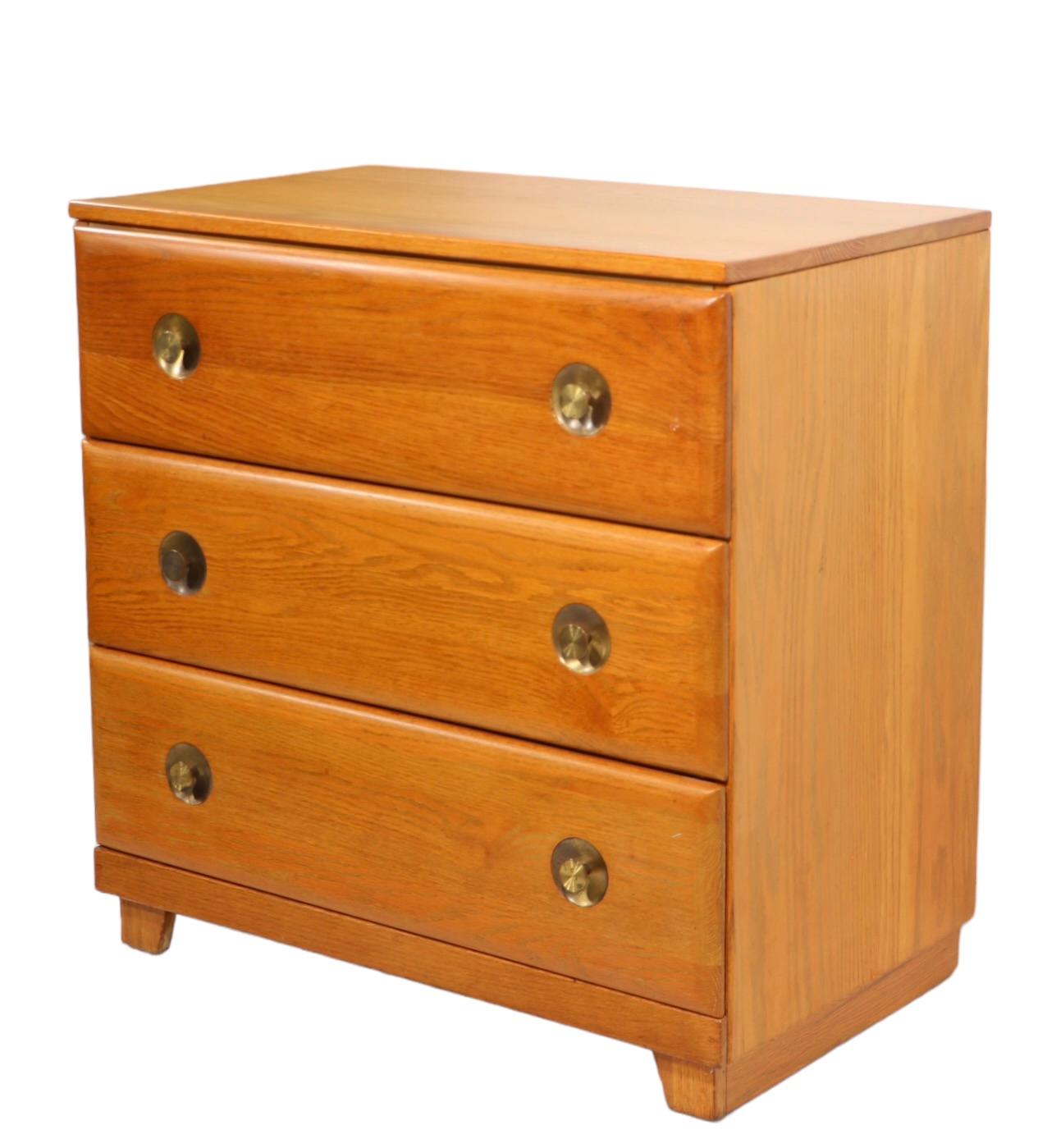 Diminutive Mid Century Cerused Oak Three Drawer Dresser with Brass Handles For Sale 3