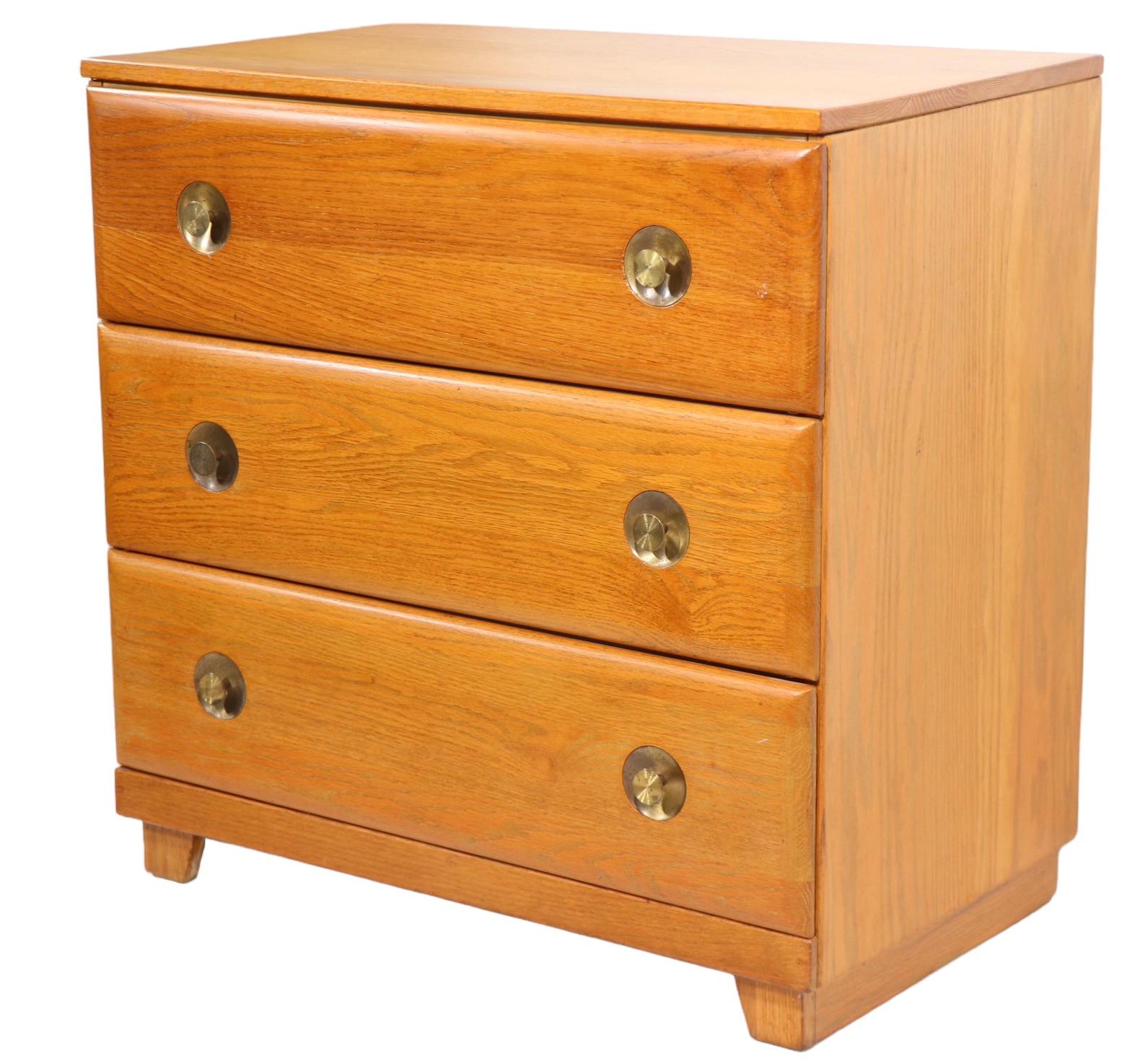 Diminutive Mid Century Cerused Oak Three Drawer Dresser with Brass Handles For Sale 4