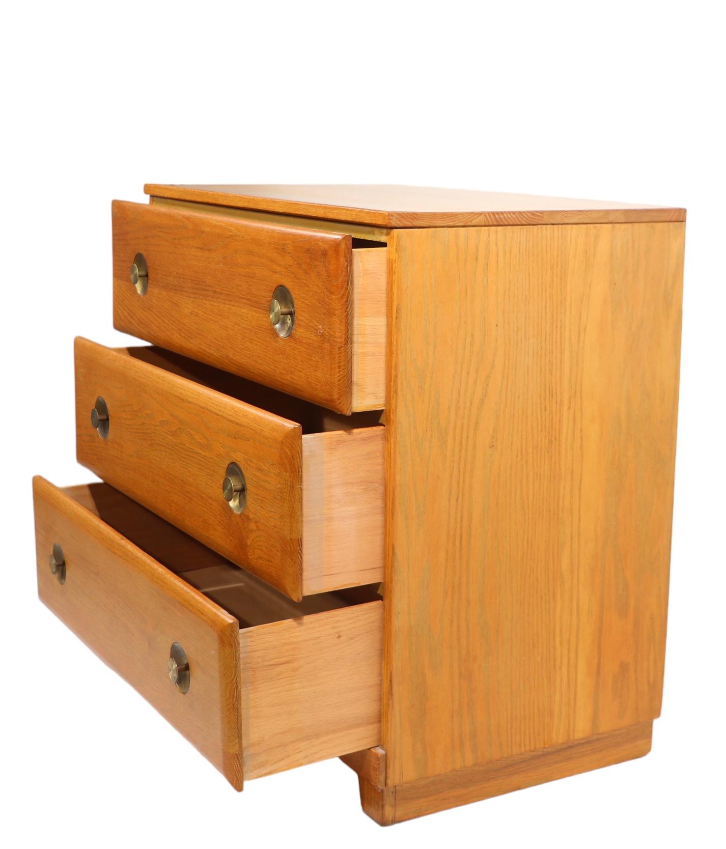 Mid-Century Modern Diminutive Mid Century Cerused Oak Three Drawer Dresser with Brass Handles For Sale
