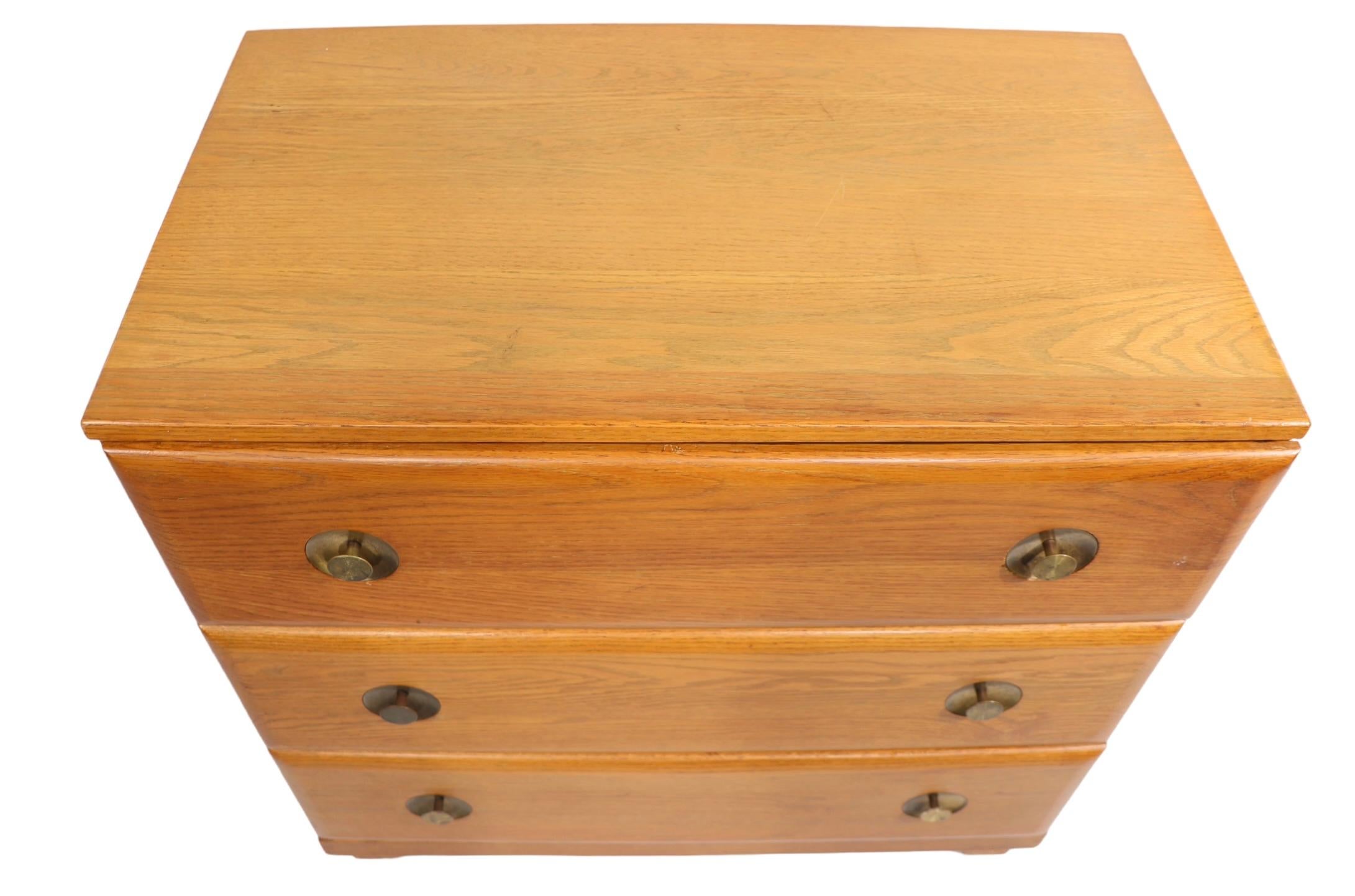 American Diminutive Mid Century Cerused Oak Three Drawer Dresser with Brass Handles For Sale