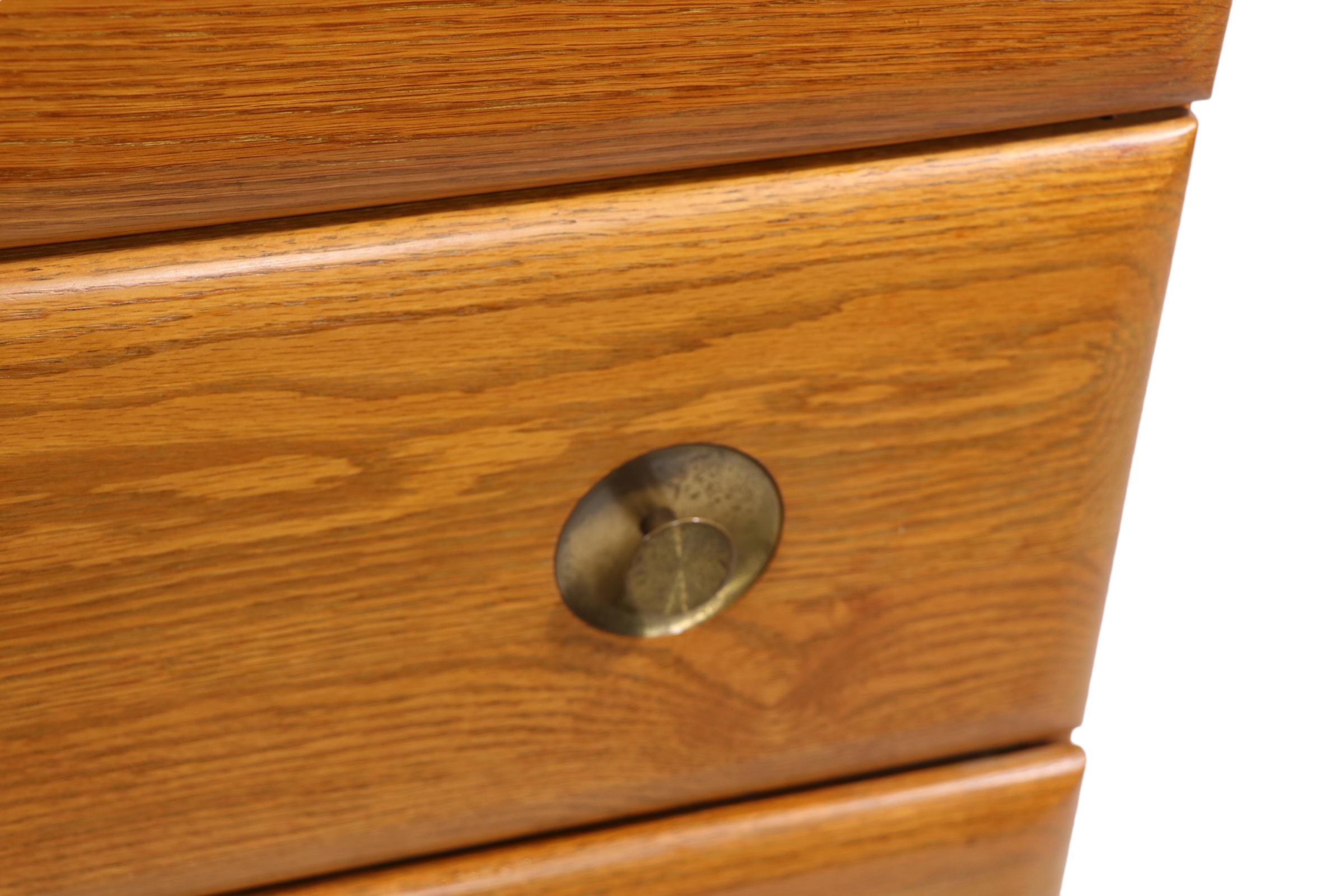 20th Century Diminutive Mid Century Cerused Oak Three Drawer Dresser with Brass Handles For Sale