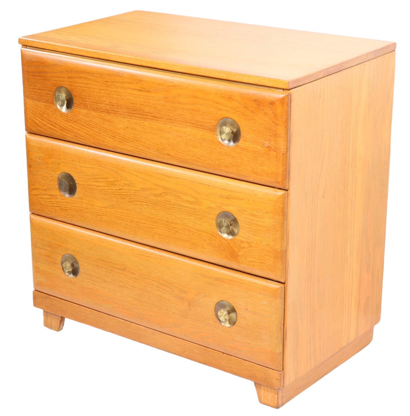 Diminutive Mid Century Cerused Oak Three Drawer Dresser with Brass Handles For Sale 1