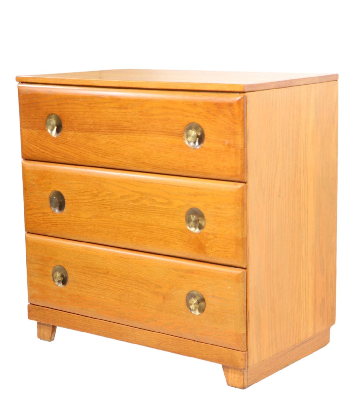Diminutive Mid Century Cerused Oak Three Drawer Dresser with Brass Handles For Sale 2
