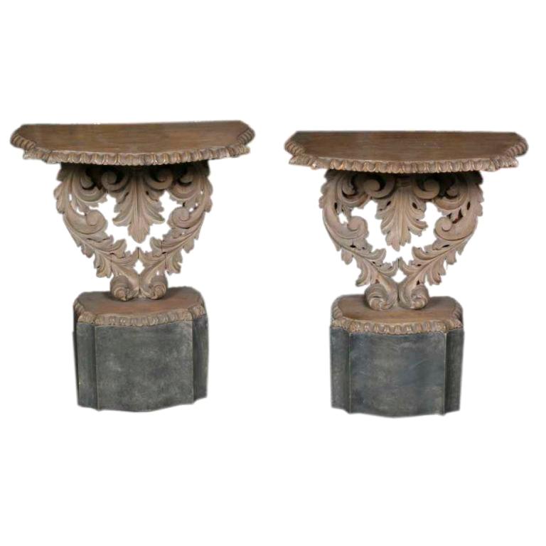 Diminutive Pair of Baroque Style Carved Wood Consoles