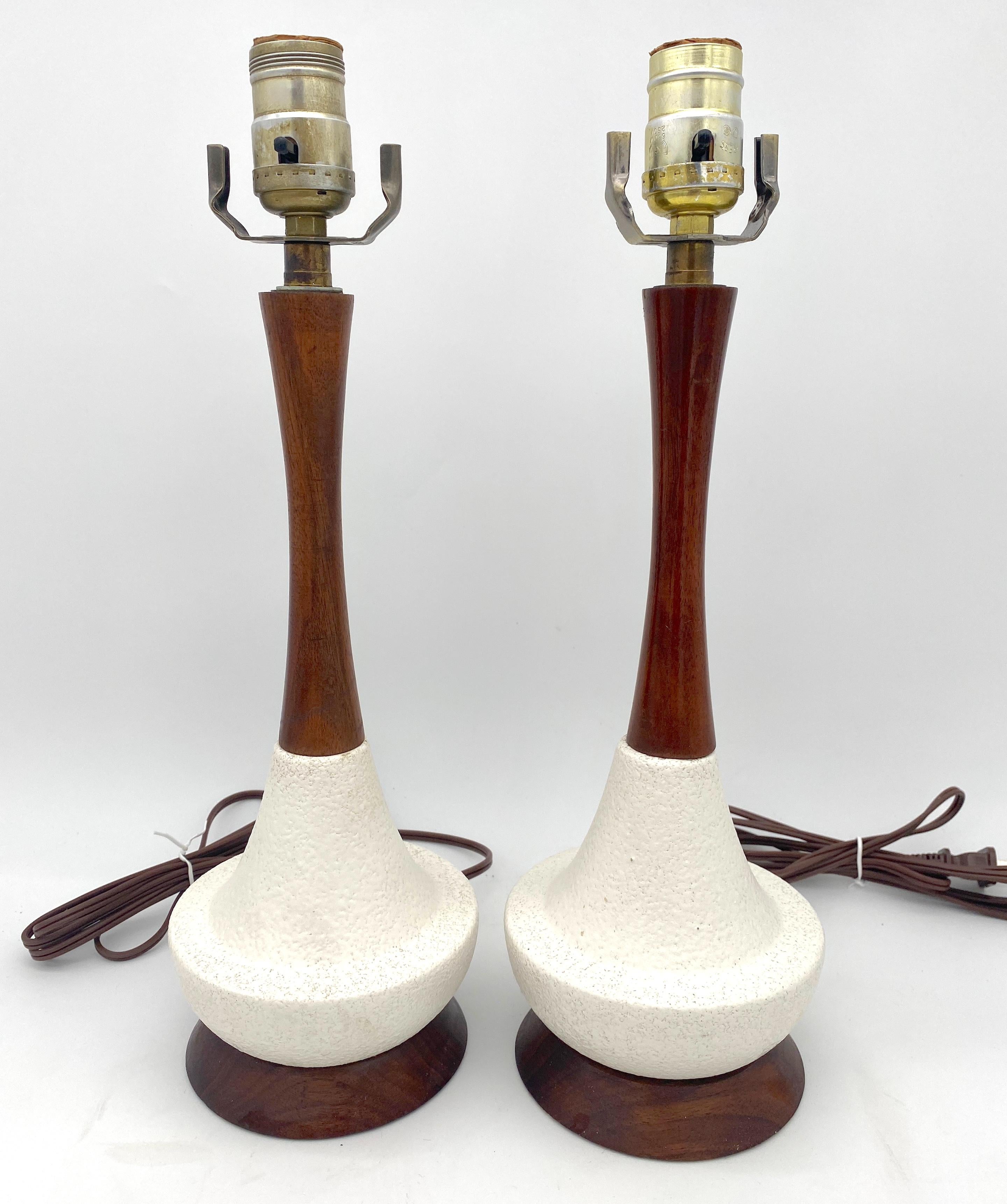 Mid-Century Modern Diminutive  Pair of Danish Modern Carved Teak Wood & White Porcelain Lamps  For Sale