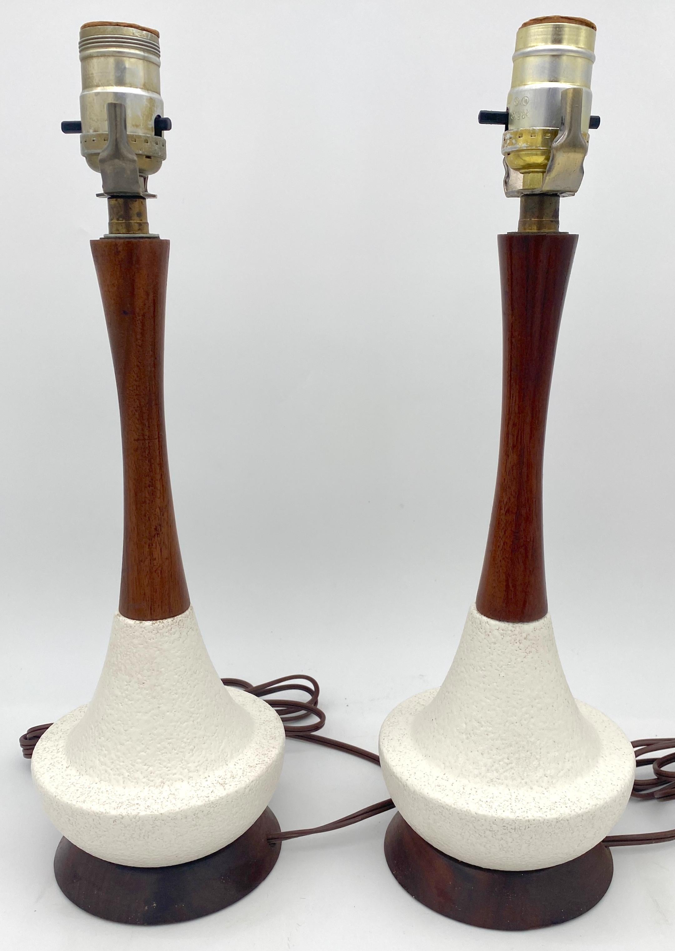 Glazed Diminutive  Pair of Danish Modern Carved Teak Wood & White Porcelain Lamps  For Sale