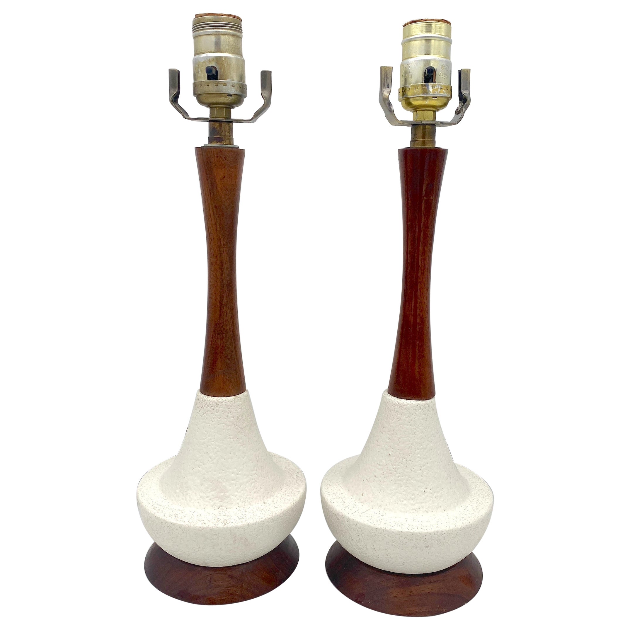 Diminutive  Pair of Danish Modern Carved Teak Wood & White Porcelain Lamps