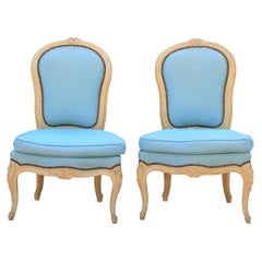 Diminutive Pair of French Carved Painted Wood Slipper Chairs