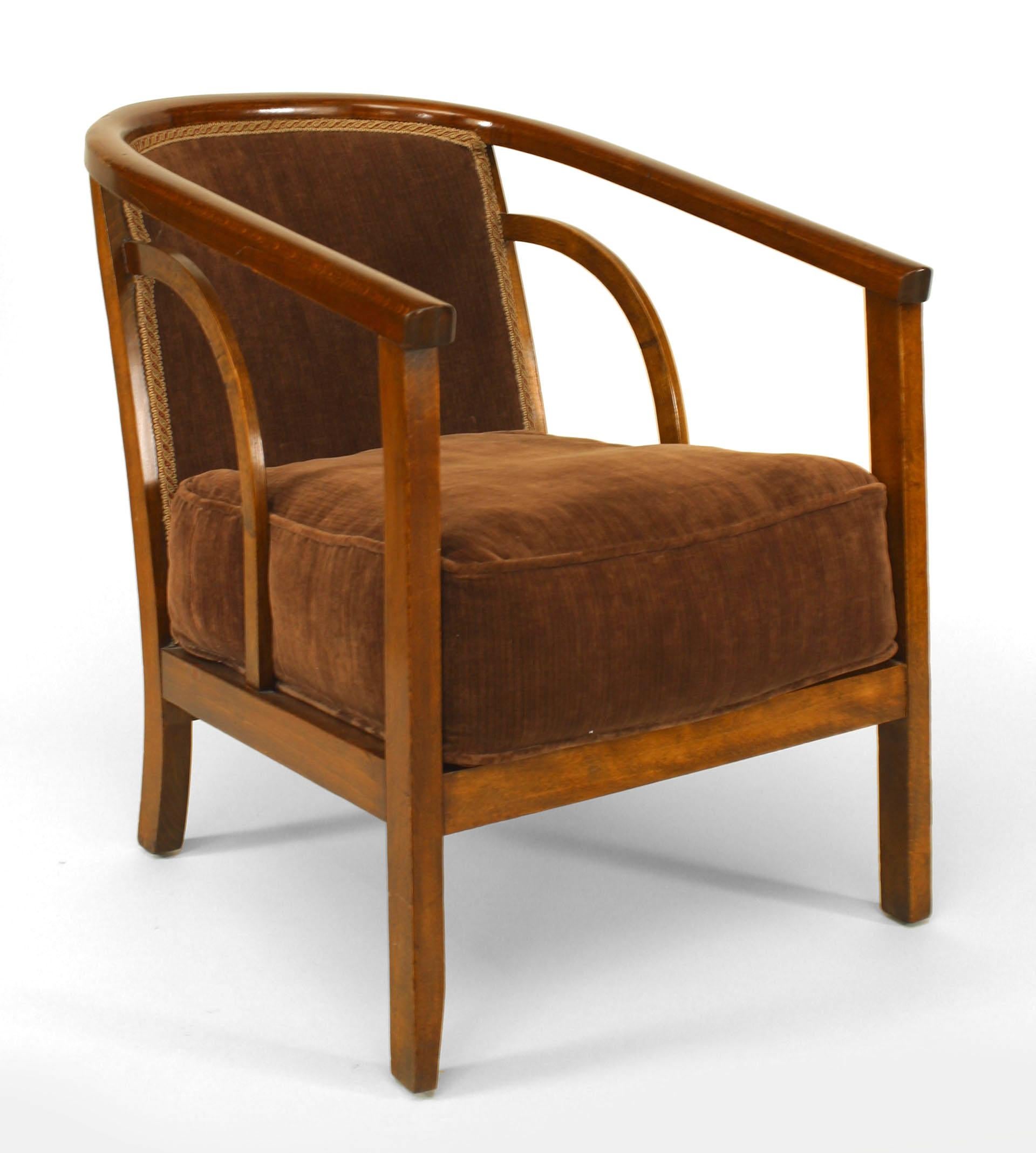 Mid-Century Modern Pair of Mid-Century Beechwood Armchairs with Brown Velvet Upholstery 