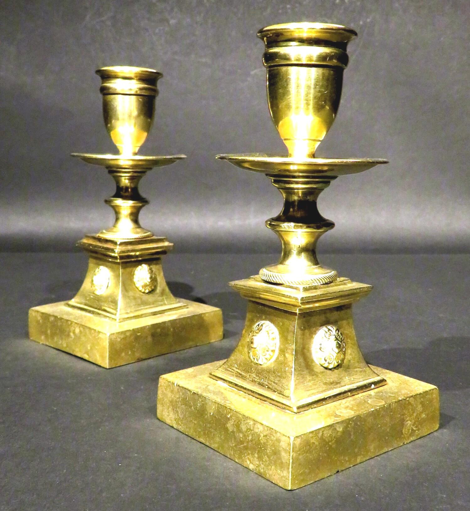 European Diminutive Pair of Neoclassical Gilt Bronze Candlesticks, Continental circa 1810