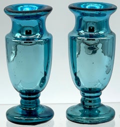 Diminutive Pair of Ocean Blue Mercury Glass Vases, France Circa 1900s