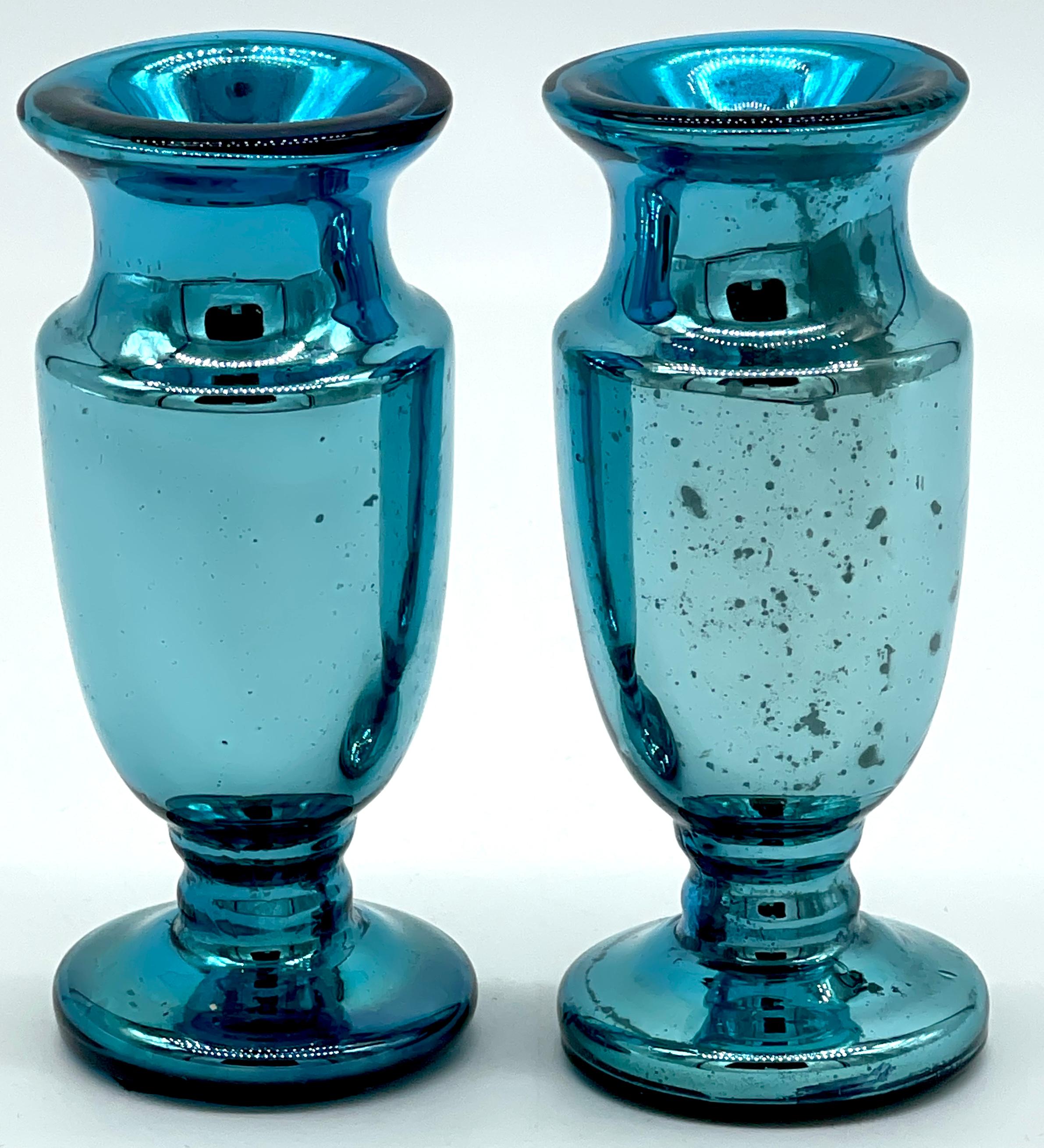 High Victorian Diminutive Pair of Ocean Blue Mercury Glass Vases, France Circa 1900s For Sale