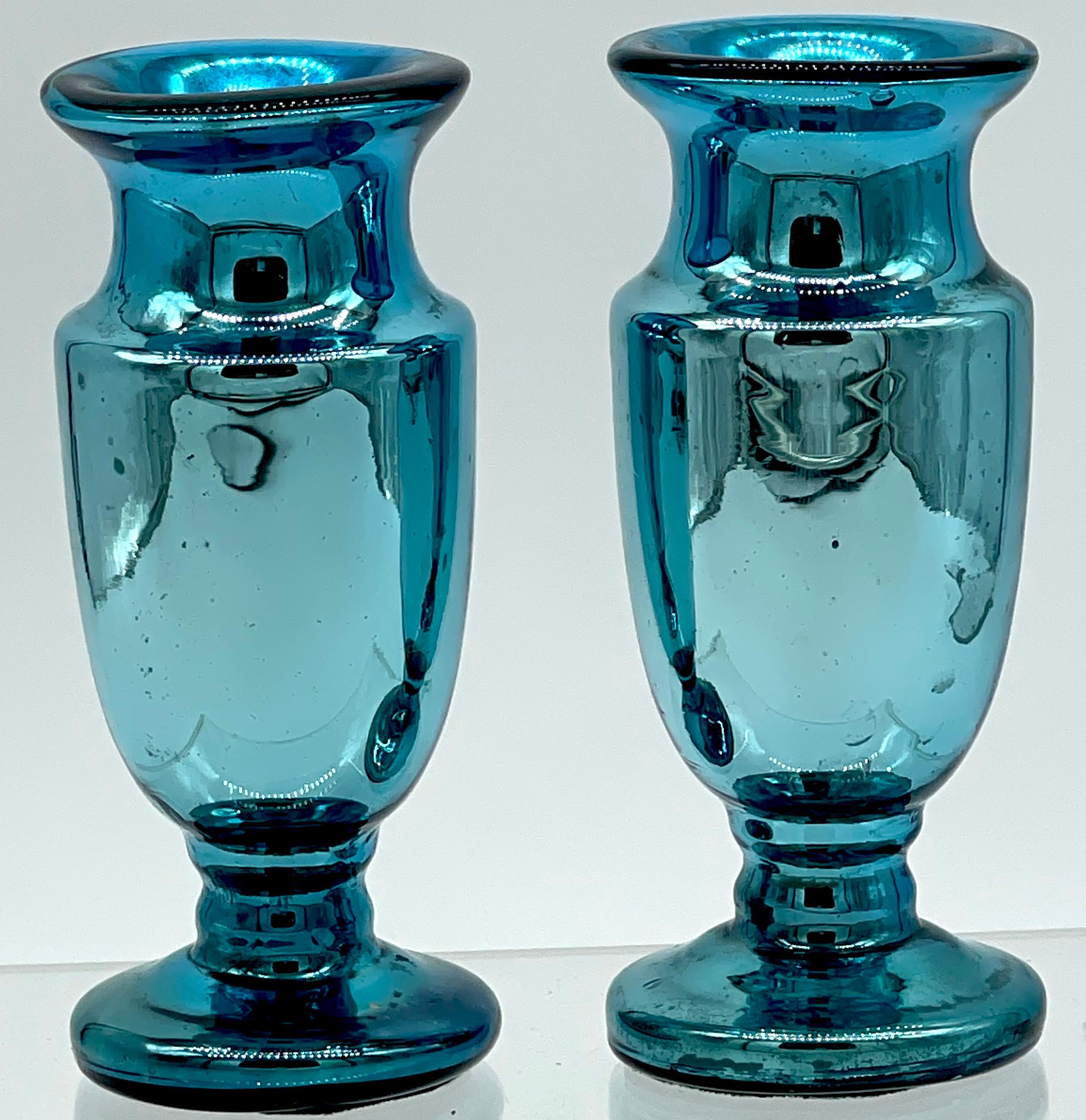French Diminutive Pair of Ocean Blue Mercury Glass Vases, France Circa 1900s For Sale