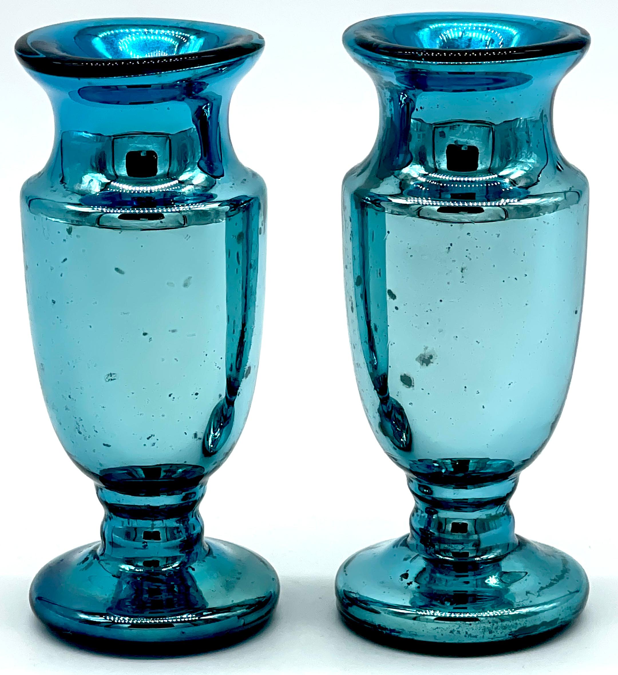 Diminutive Pair of Ocean Blue Mercury Glass Vases, France Circa 1900s In Good Condition For Sale In West Palm Beach, FL