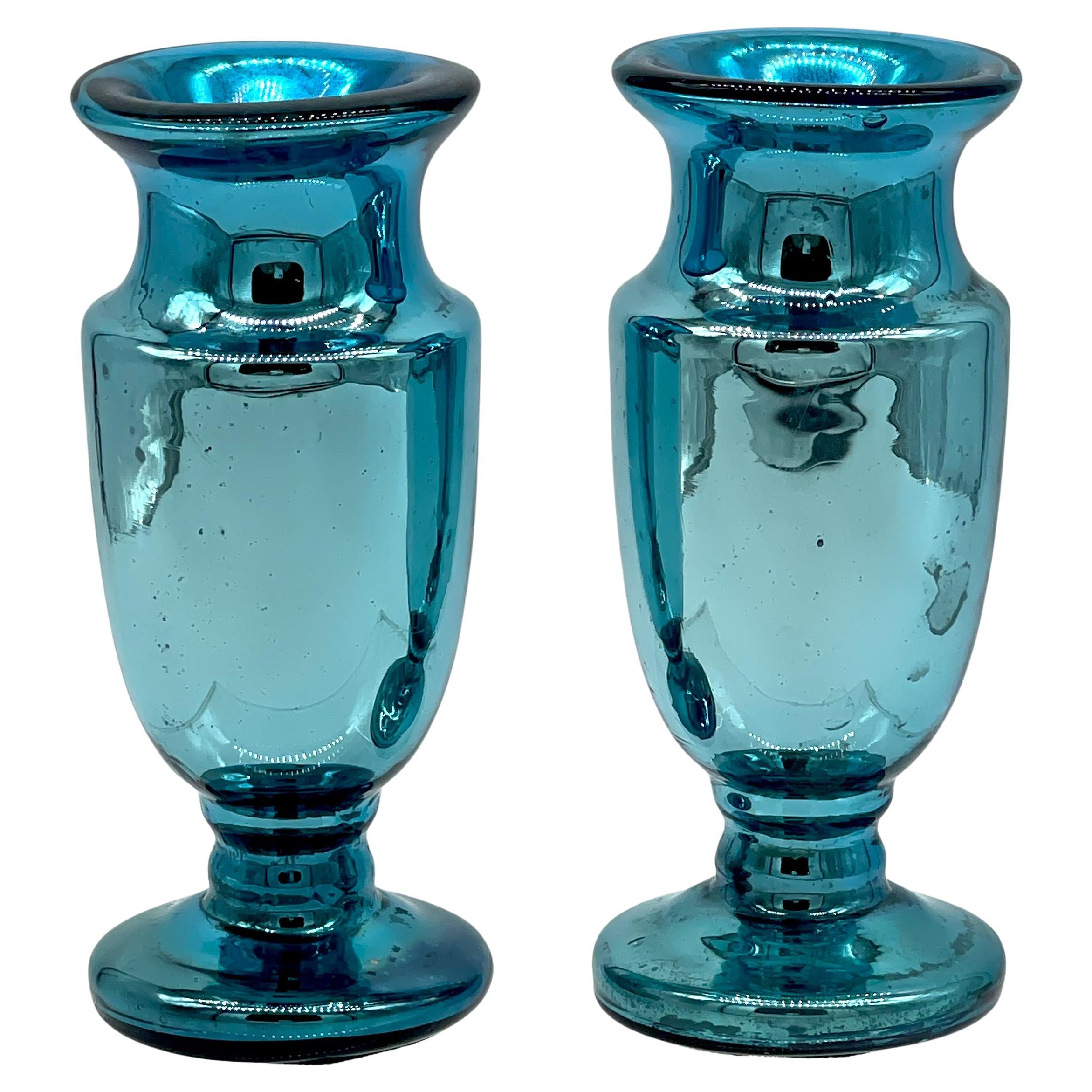 Diminutive Paire de Vases en Verre de Mercure Bleu Océan, France Circa 1900s