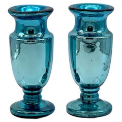 Antique Diminutive Pair of Ocean Blue Mercury Glass Vases, France Circa 1900s
