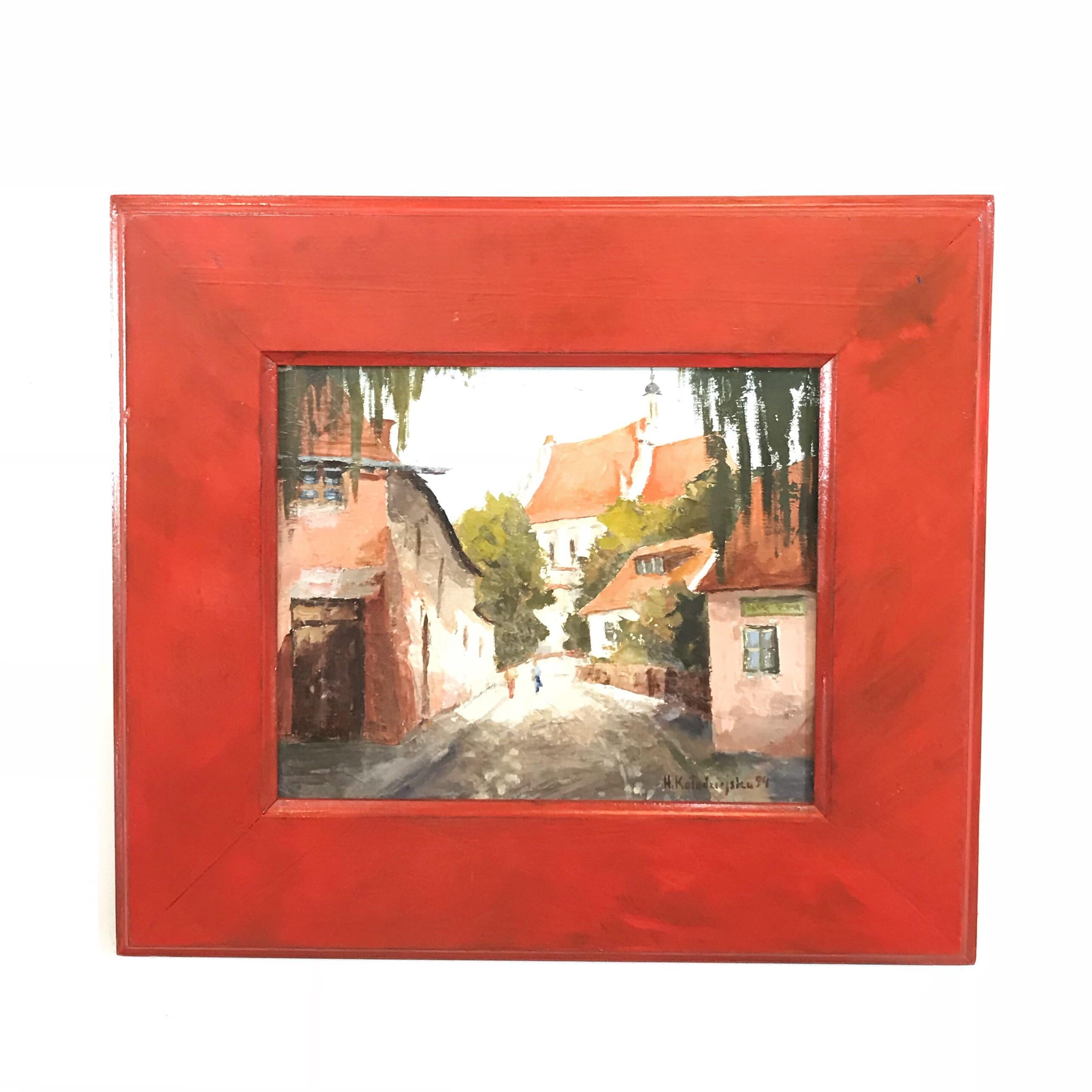 A pretty and diminutive oil painting of a Provincial country town. The eastern European painting has a warm and dreamy palette and is signed front lower right with additional info on the artist and work on the back. Perhaps this is a hidden art