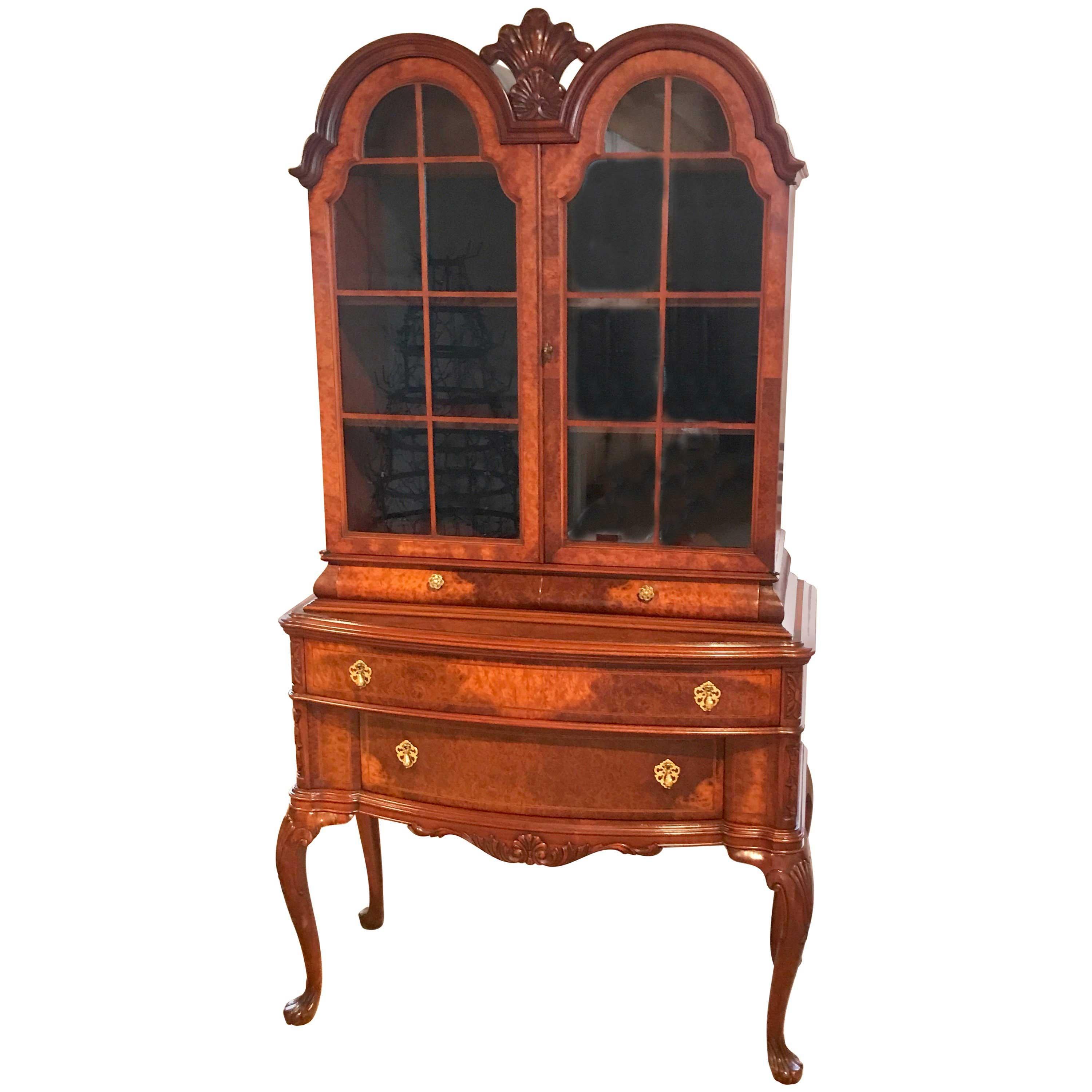 Diminutive Queen Anne Style Burl Breakfront/Bookcase For Sale