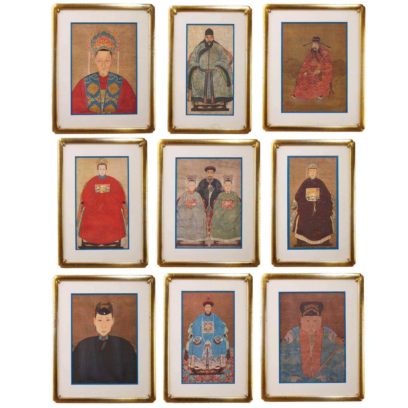Diminutive Set of Nine Framed Chinese Ancestoral Portraits