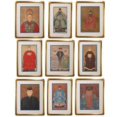 Vintage Diminutive Set of Nine Framed Chinese Ancestoral Portraits