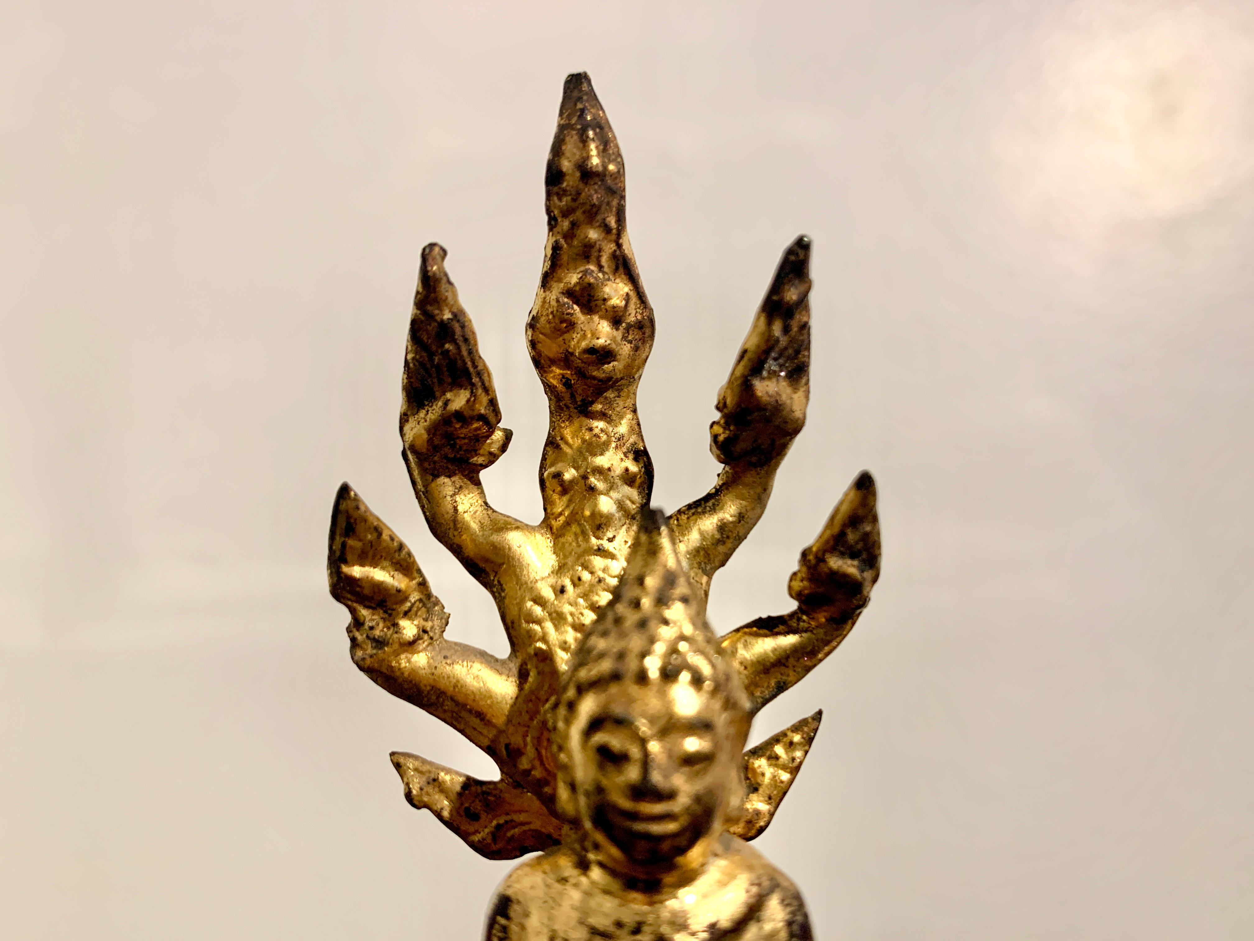 Diminutive Thai Rattanakosin Gilt Bronze Buddha and Naga, 19th Century, Thailand 1