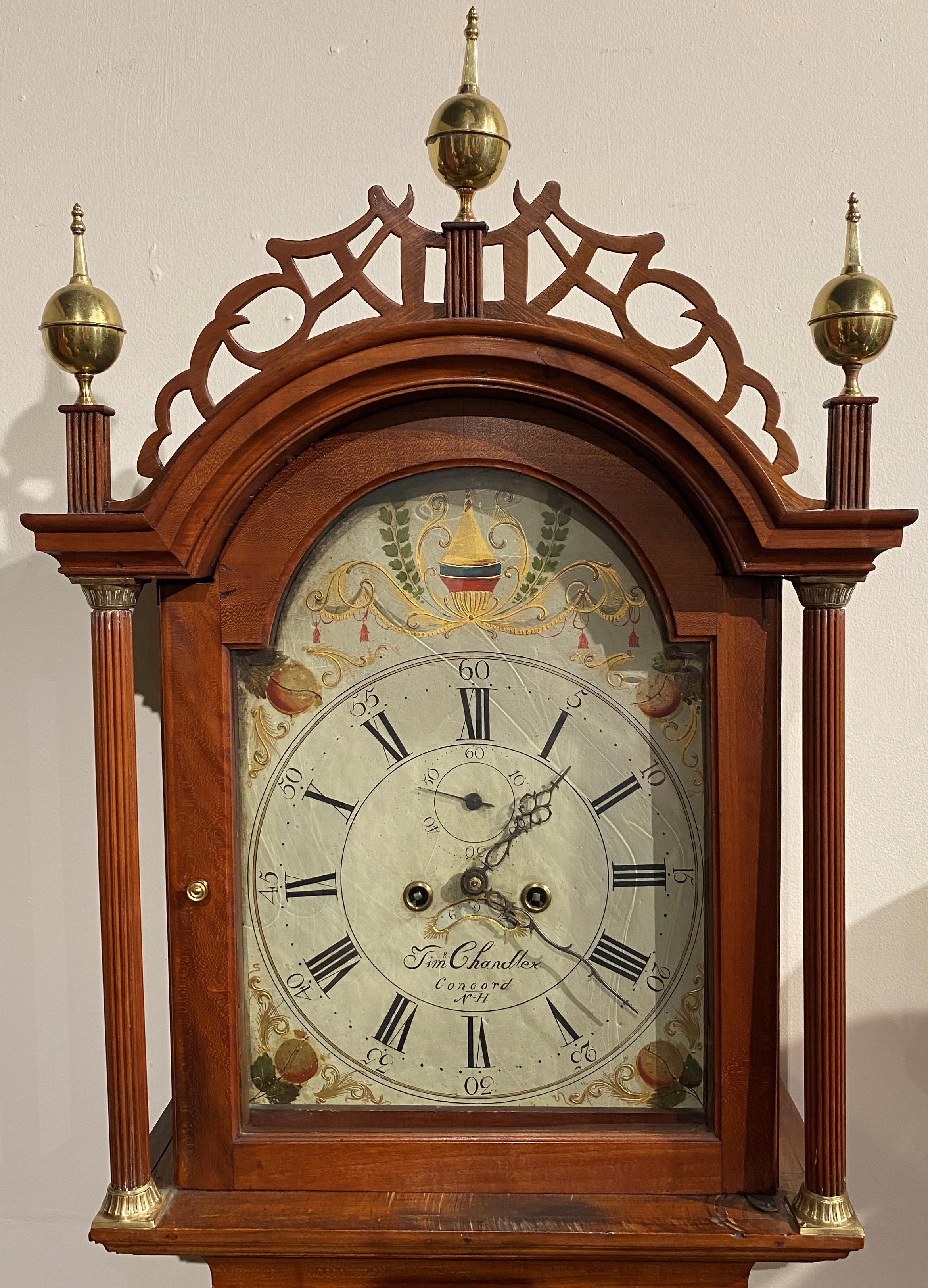 A fine New Hampshire Federal cherry tall case clock with 8-day weight-driven brass works by Timothy Chandler, active clockmaker in Concord, NH from the 1780’s until the end of the first quarter of the 19th century. In 1797, Chandler enlisted with