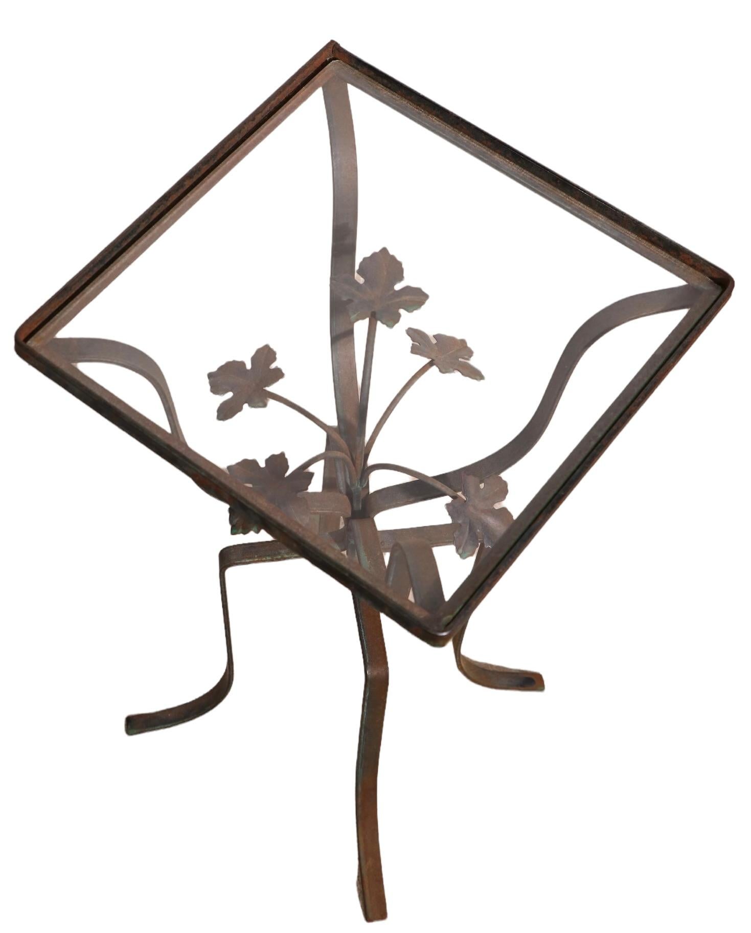 American Diminutive Wrought Iron Patio, Garden Side Table with Floral Detail
