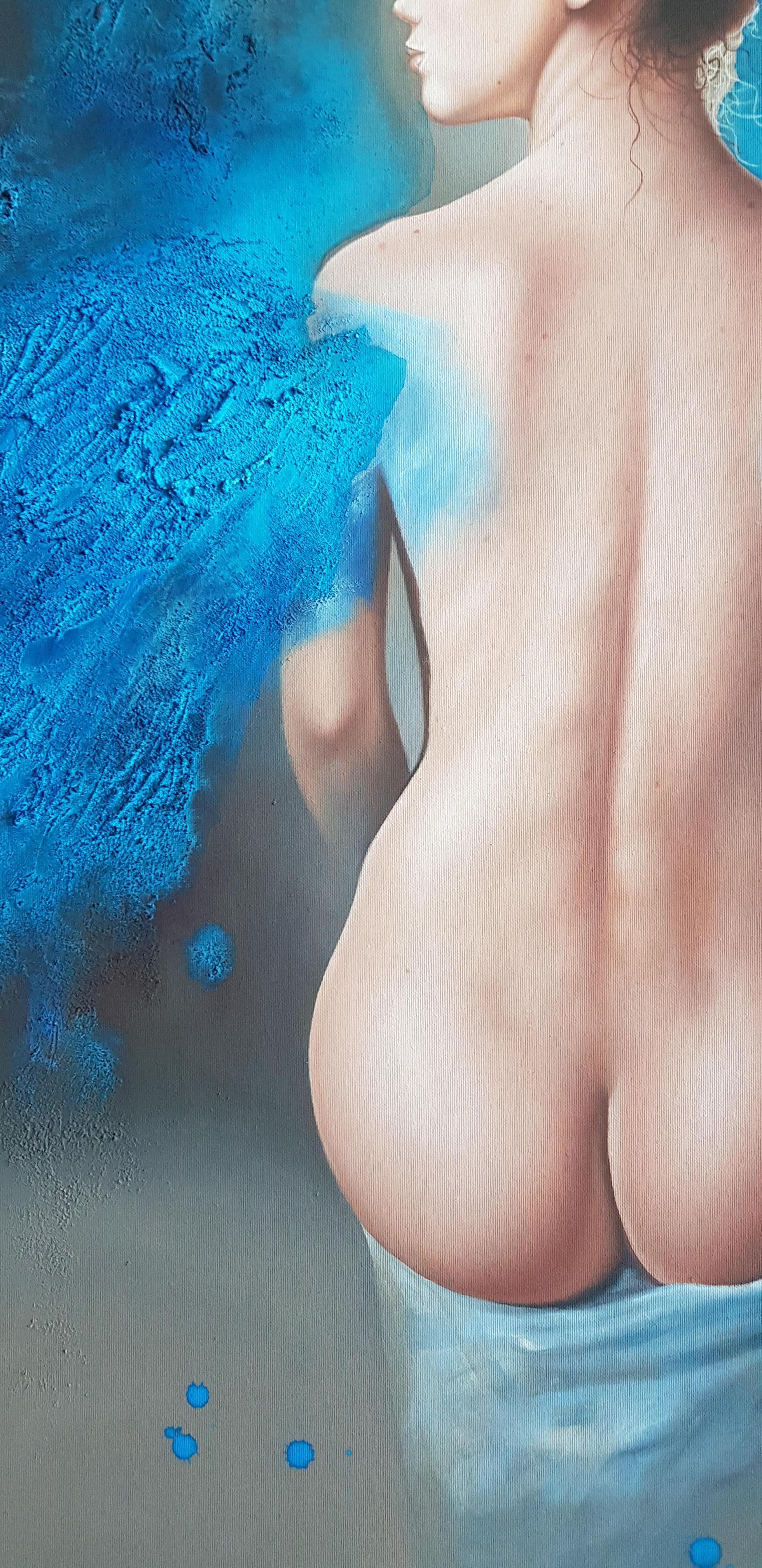 Angel In Blau - Öl Acryl Figurative Farben Elfenbein Blau Weiß Grün – Painting von Dimitar Voynov - Junior