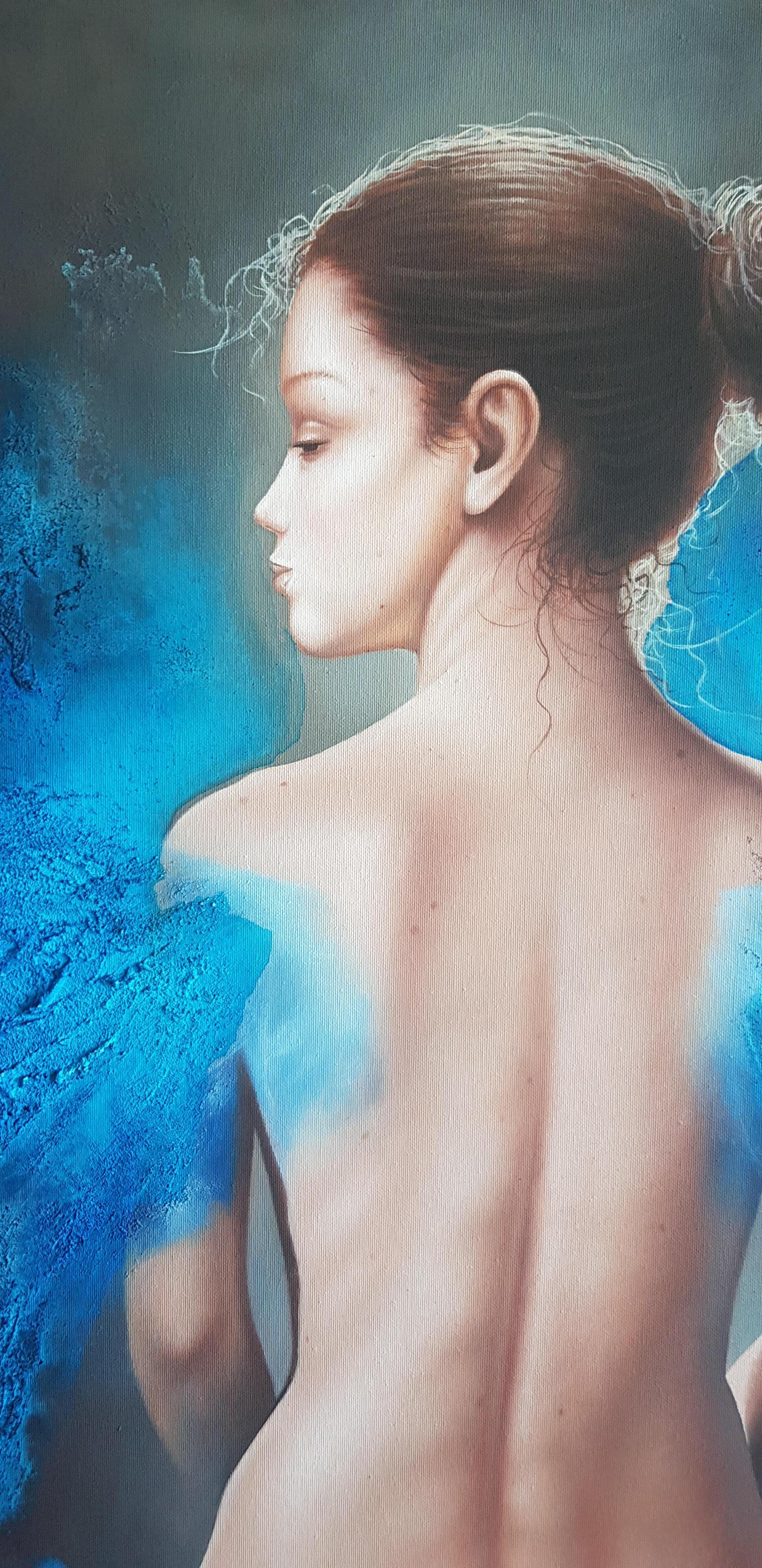 Angel In Blue - Oil Acrylic Figurative Colors Ivory Blue White Green - Realist Painting by Dimitar Voynov - Junior