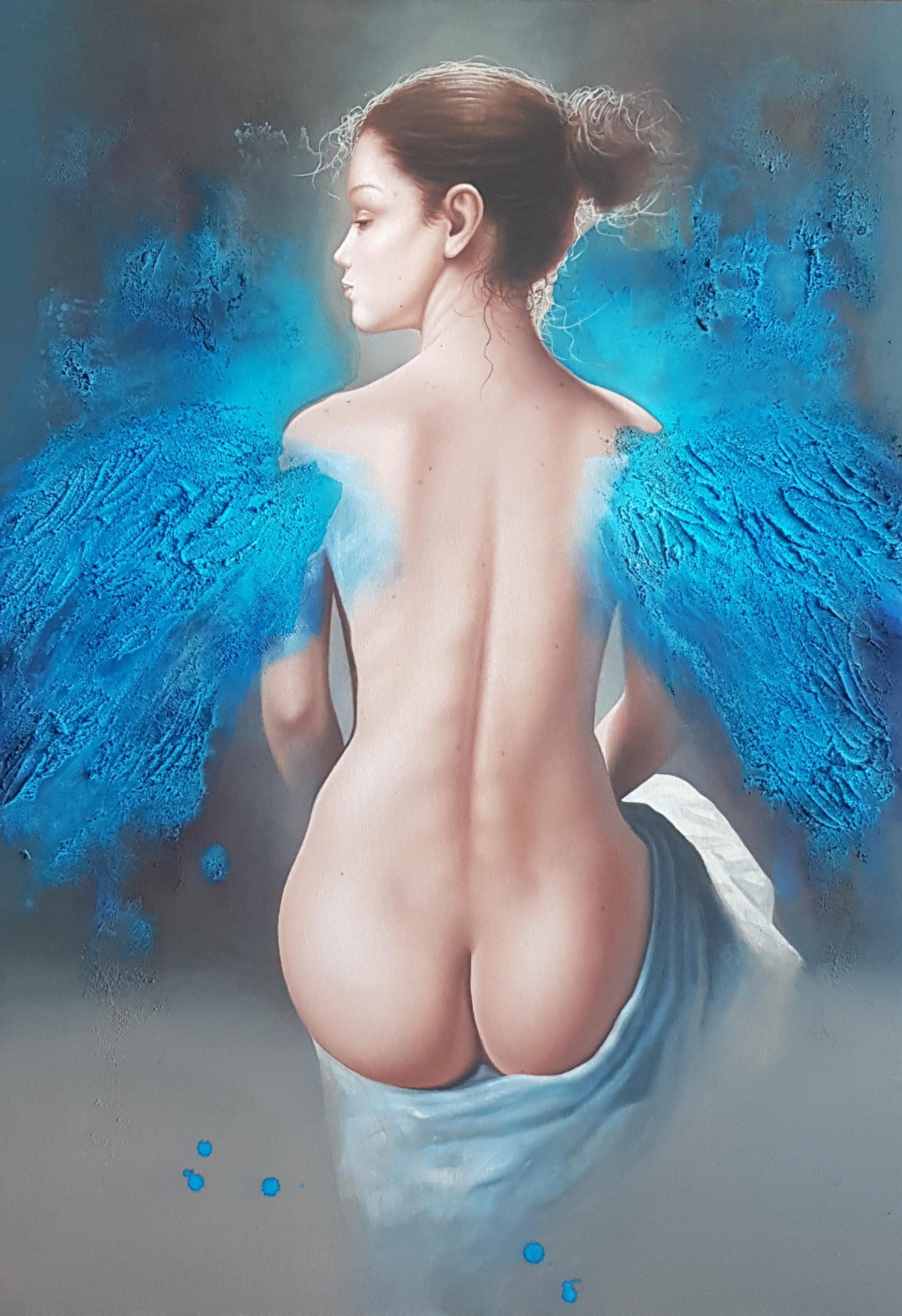 Dimitar Voynov - Junior Figurative Painting - Angel In Blue - Oil Acrylic Figurative Colors Ivory Blue White Green